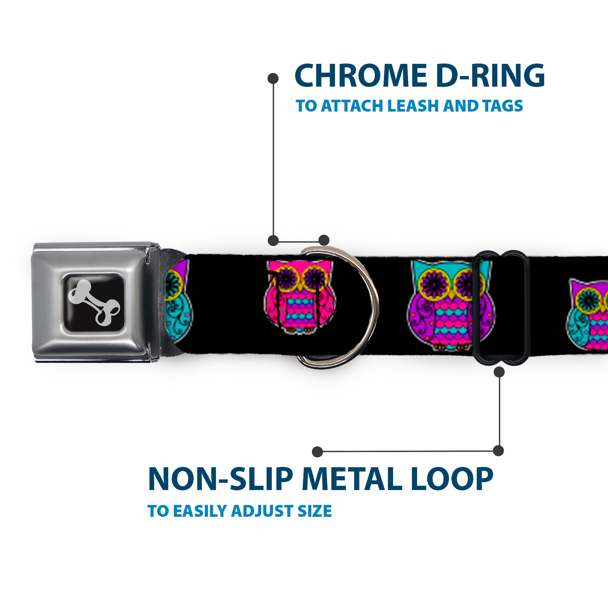 Dog Bone Seatbelt Buckle Collar - Owls Black/Fuchsia/Purple/Turquoise Seatbelt Buckle Collars Buckle-Down