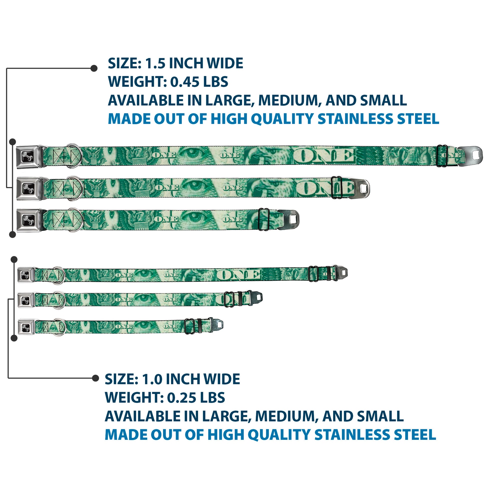 Dog Bone Seatbelt Buckle Collar - One Dollar Bill Eye of Providence/Bald Eagle CLOSE-UP Seatbelt Buckle Collars Buckle-Down