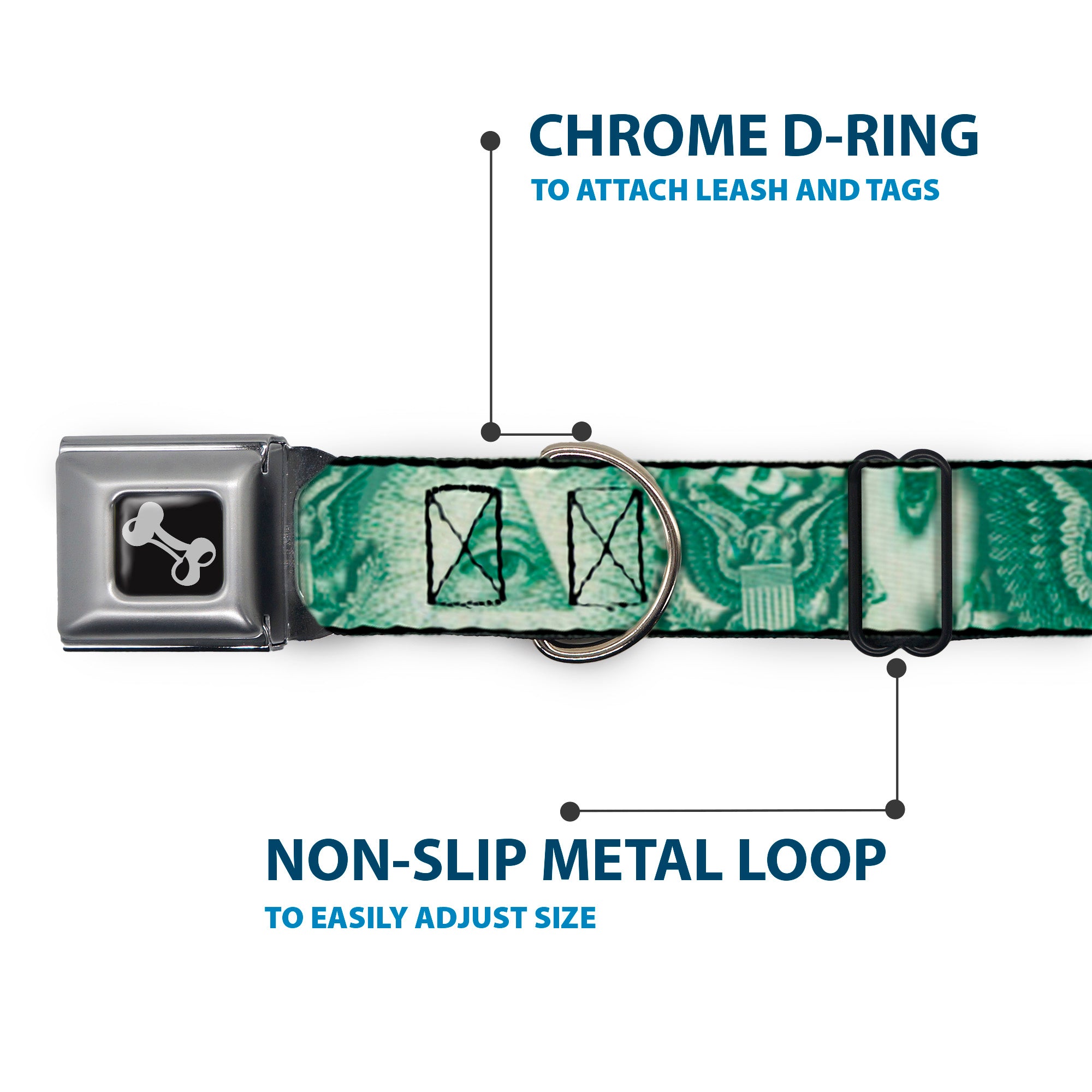 Dog Bone Seatbelt Buckle Collar - One Dollar Bill Eye of Providence/Bald Eagle CLOSE-UP Seatbelt Buckle Collars Buckle-Down
