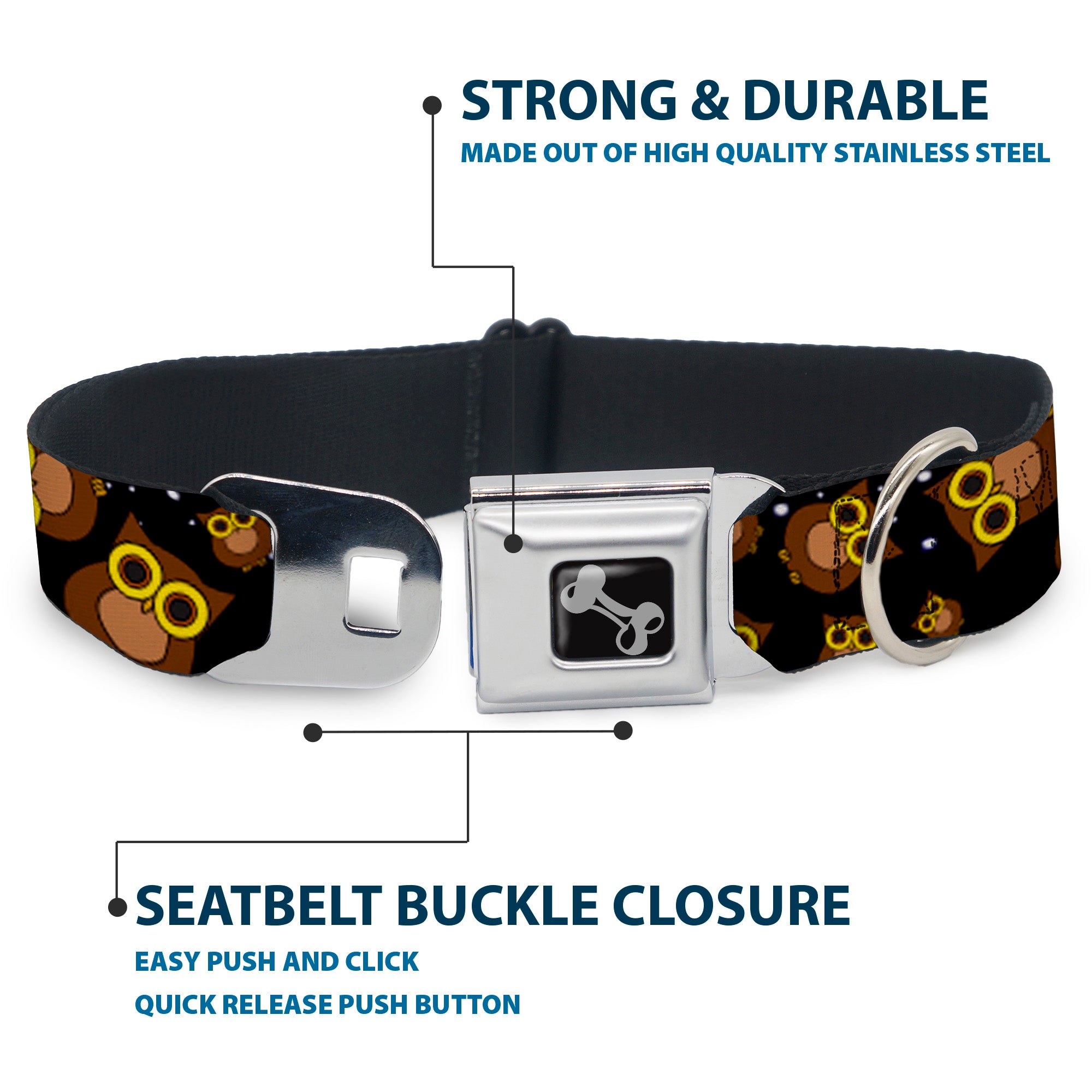 Dog Bone Seatbelt Buckle Collar - Owls Scattered Black/Brown/Yellow Seatbelt Buckle Collars Buckle-Down