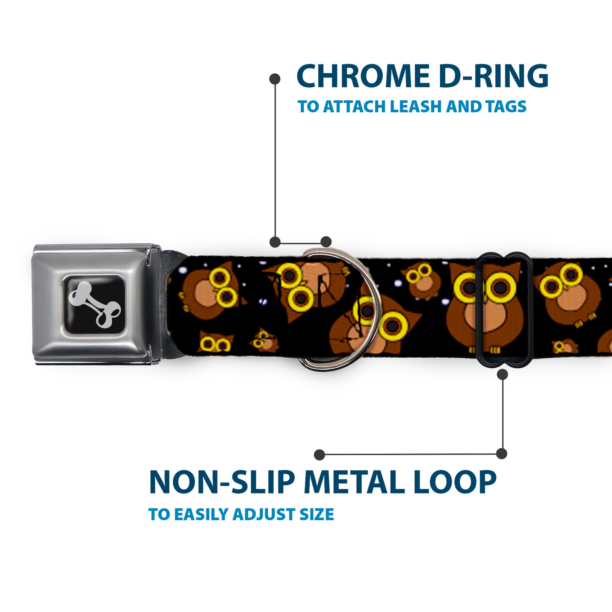 Dog Bone Seatbelt Buckle Collar - Owls Scattered Black/Brown/Yellow Seatbelt Buckle Collars Buckle-Down