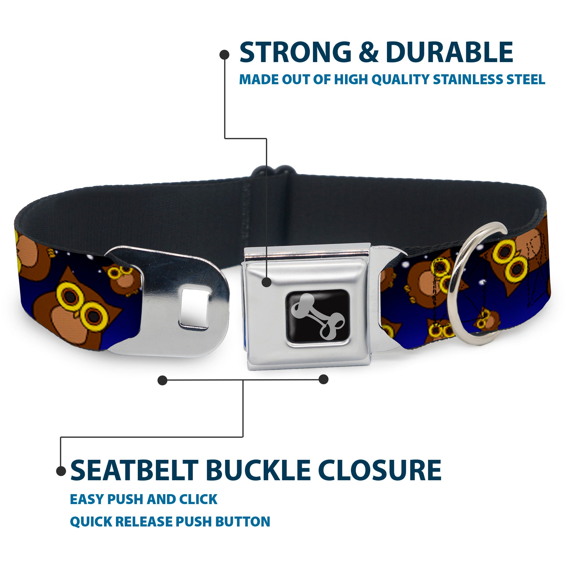 Dog Bone Seatbelt Buckle Collar - Owls Scattered Black/Blue-Fade/Yellow Seatbelt Buckle Collars Buckle-Down
