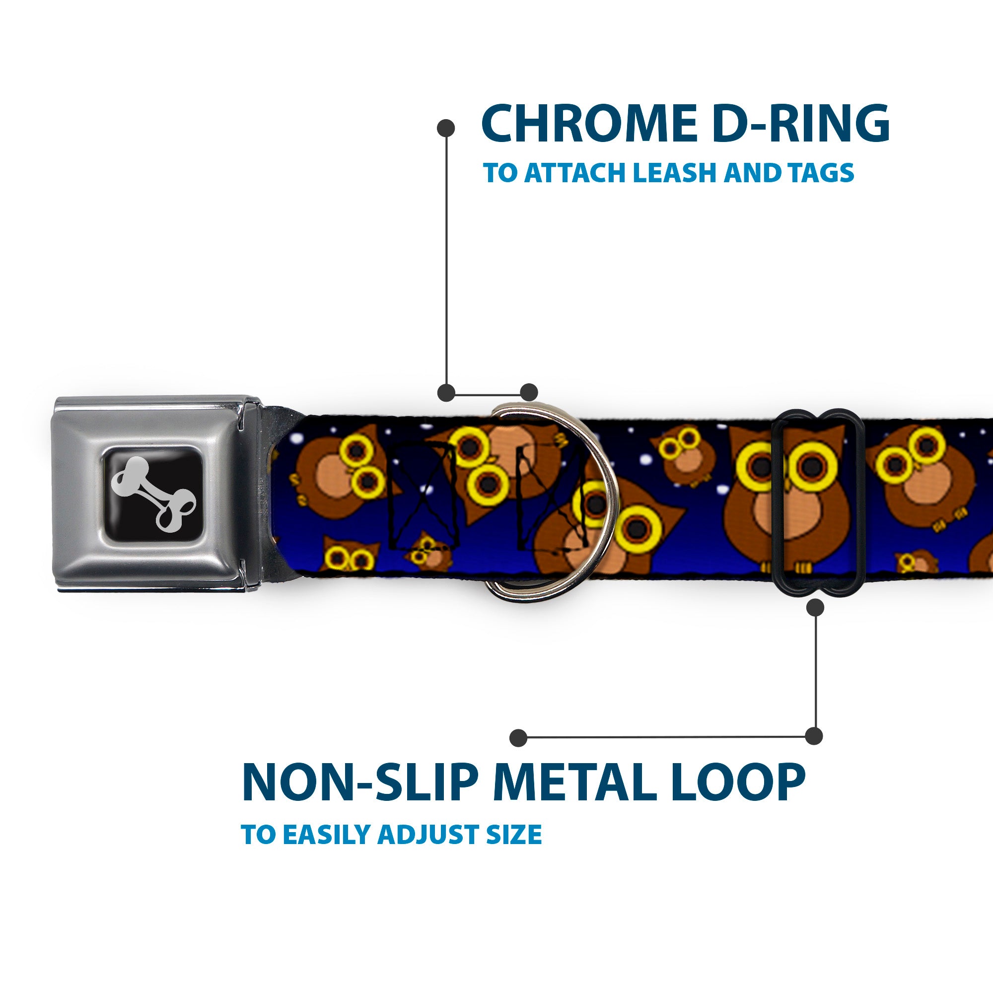 Dog Bone Seatbelt Buckle Collar - Owls Scattered Black/Blue-Fade/Yellow Seatbelt Buckle Collars Buckle-Down