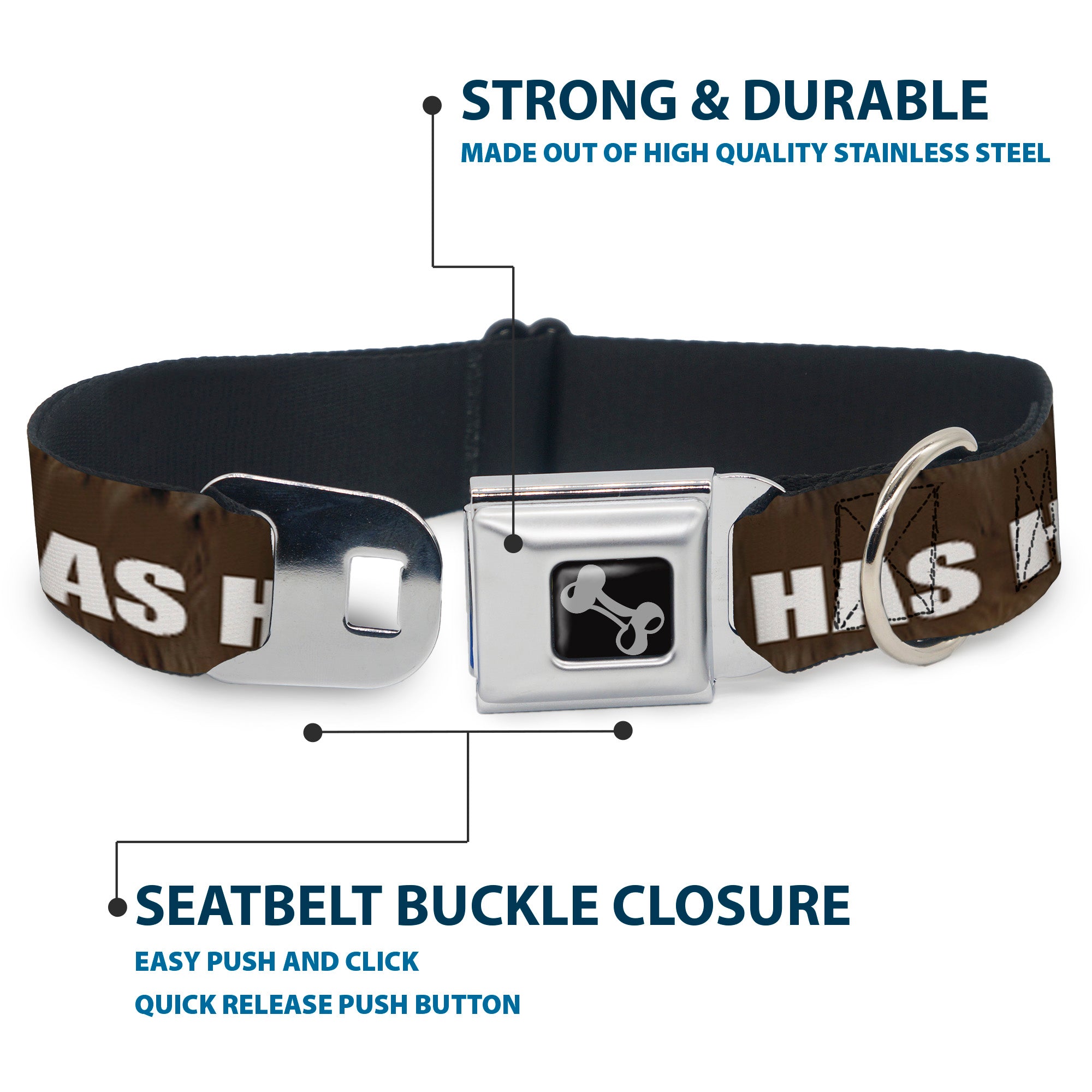 Buckle-Down Seatbelt Buckle Dog Collar - ONE OF US HAS HAIRY LEGS/Fur Tan/White Seatbelt Buckle Collars Buckle-Down