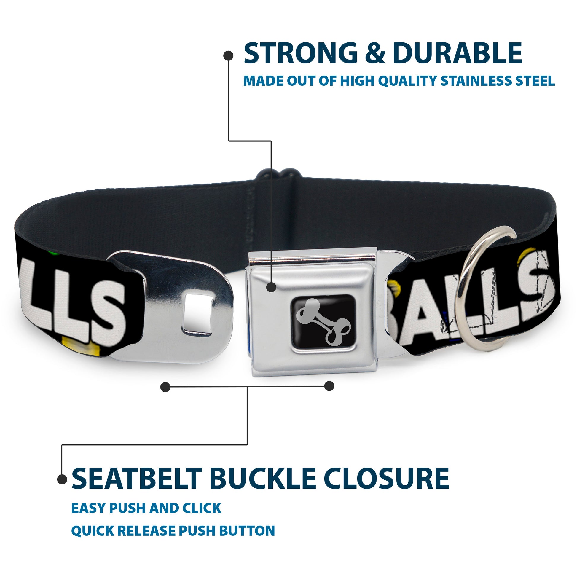 Buckle-Down Seatbelt Buckle Dog Collar - ONE OF US HAS NO BALLS/Balls Black/Multi Color/White Seatbelt Buckle Collars Buckle-Down