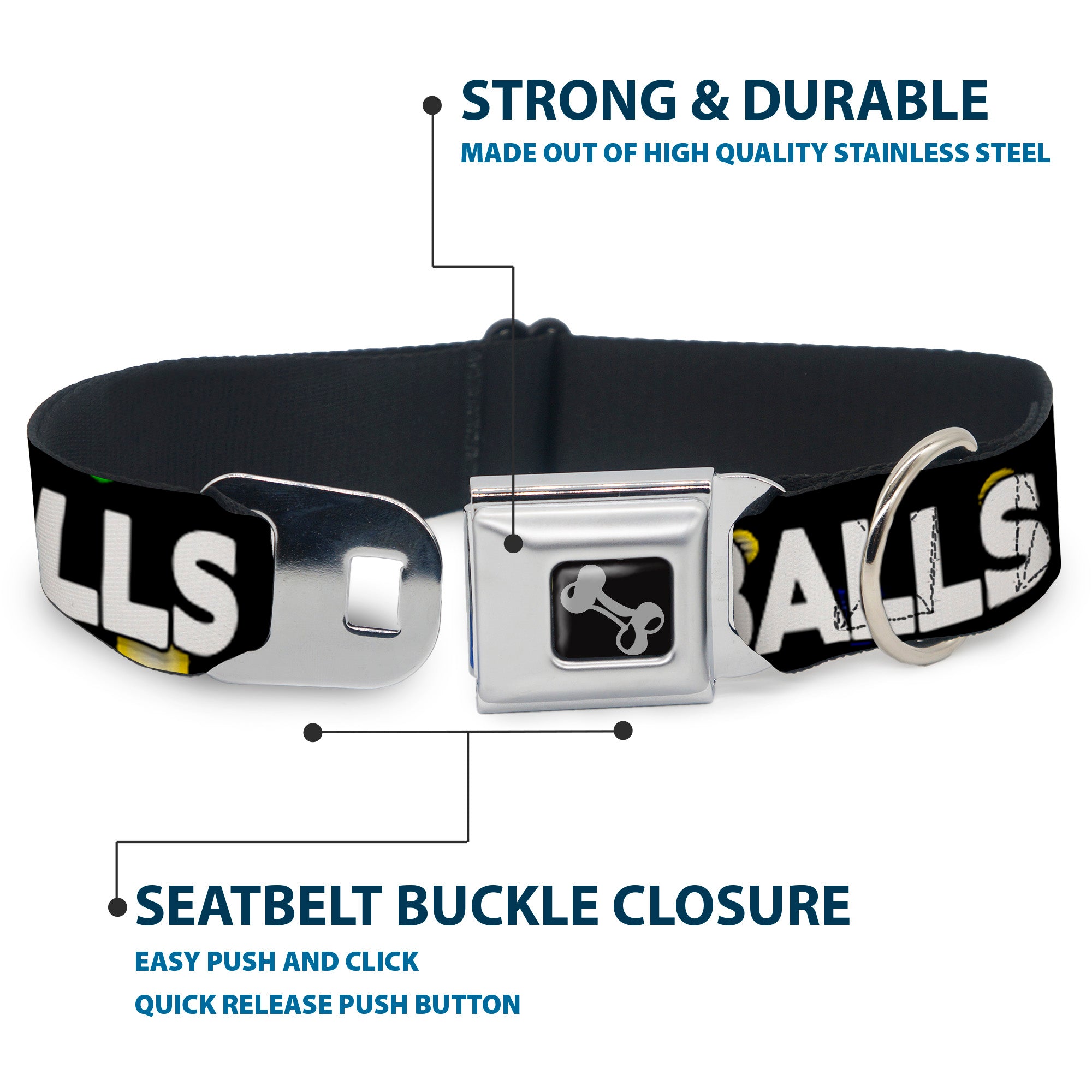 Buckle-Down Seatbelt Buckle Dog Collar - ONE OF US HAS NO BALLS/Balls Black/Multi Color/White Seatbelt Buckle Collars Buckle-Down