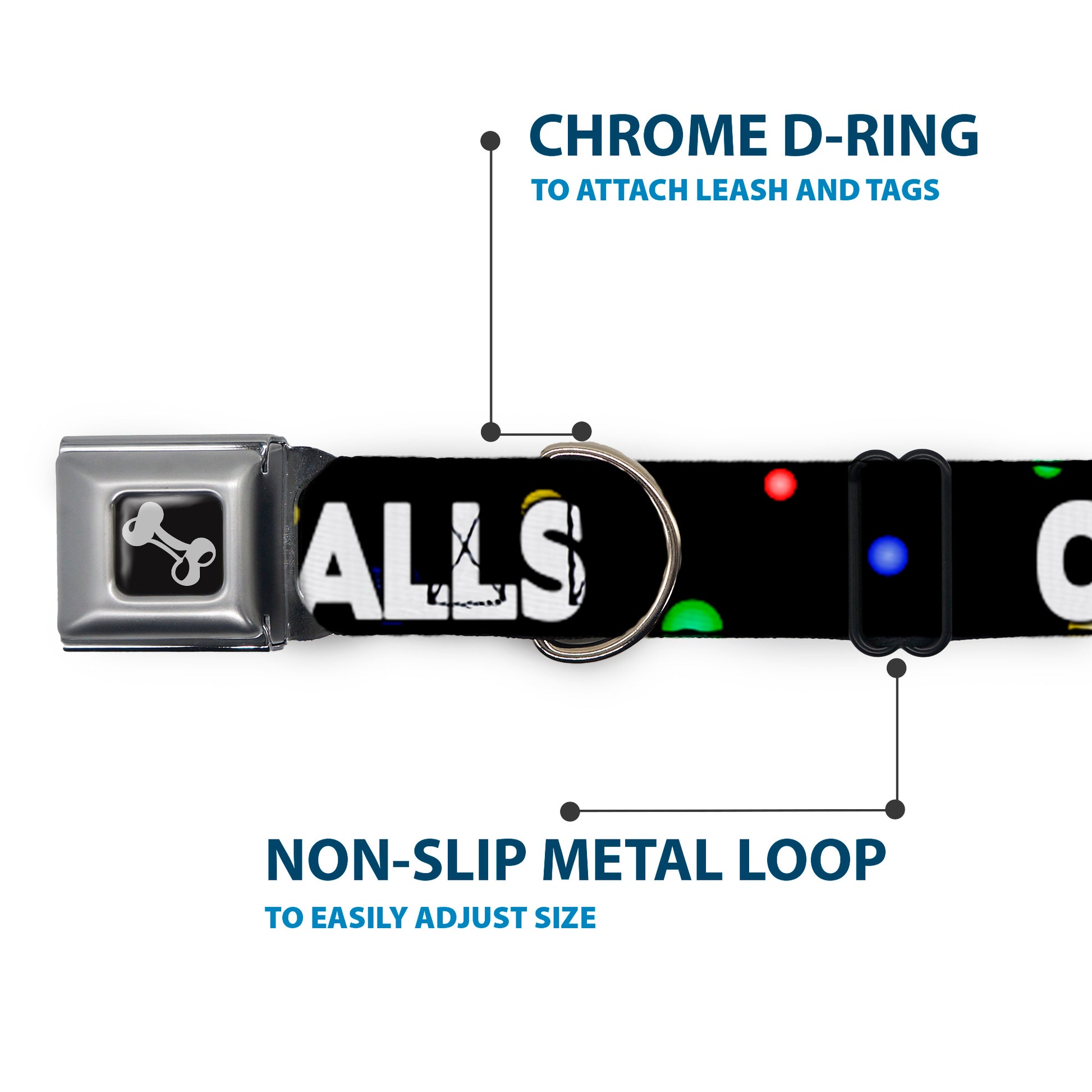 Buckle-Down Seatbelt Buckle Dog Collar - ONE OF US HAS NO BALLS/Balls Black/Multi Color/White Seatbelt Buckle Collars Buckle-Down