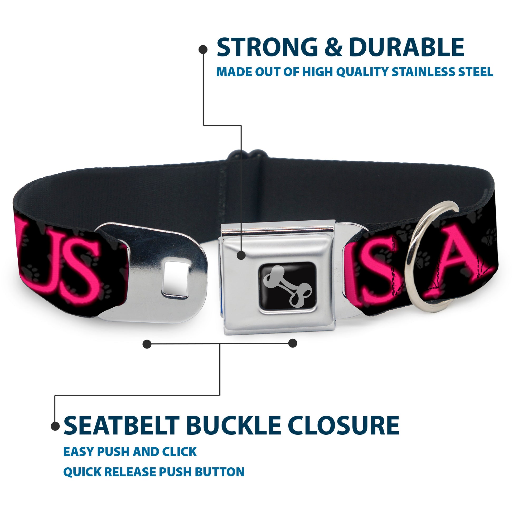 Buckle-Down Seatbelt Buckle Dog Collar - ONE OF US IS A BITCH Crown/Paws Black/Gray/Pink Seatbelt Buckle Collars Buckle-Down