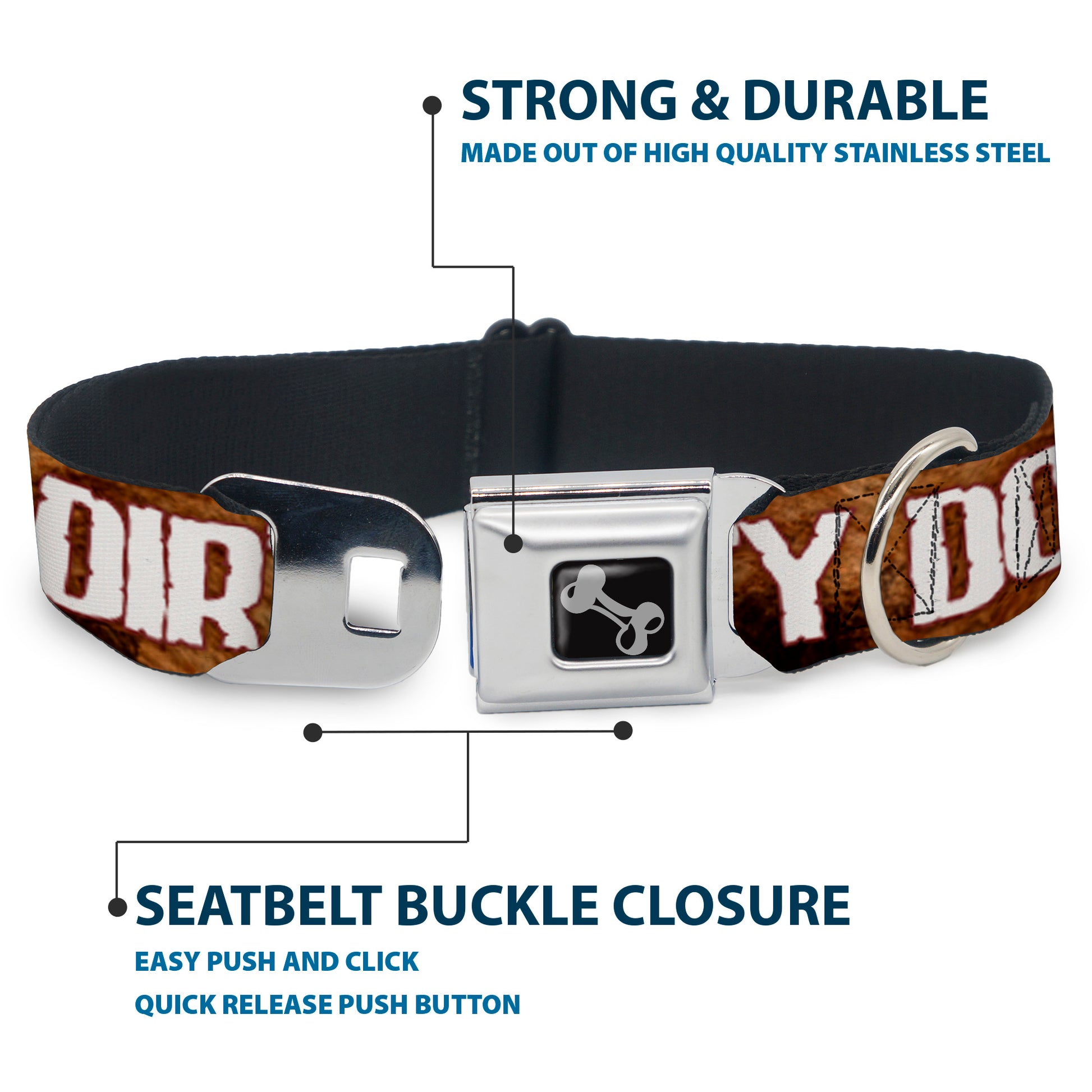 Buckle-Down Seatbelt Buckle Dog Collar - ONE OF US IS A DIRTY DOG/Fur Brown/White Seatbelt Buckle Collars Buckle-Down