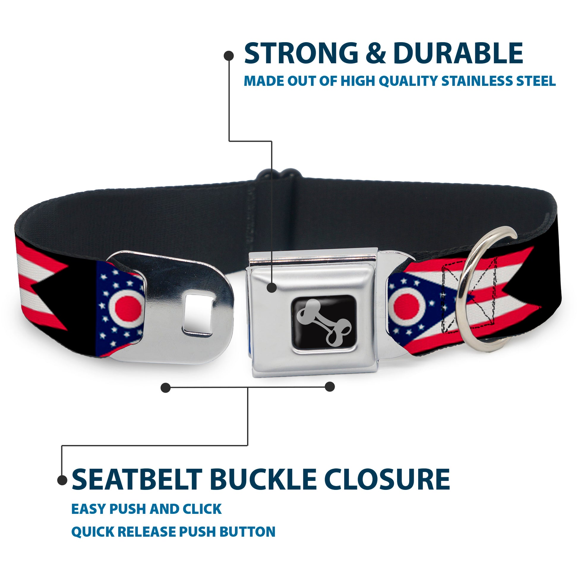 Dog Bone Seatbelt Buckle Collar - Ohio Flag Repeat Black Seatbelt Buckle Collars Buckle-Down