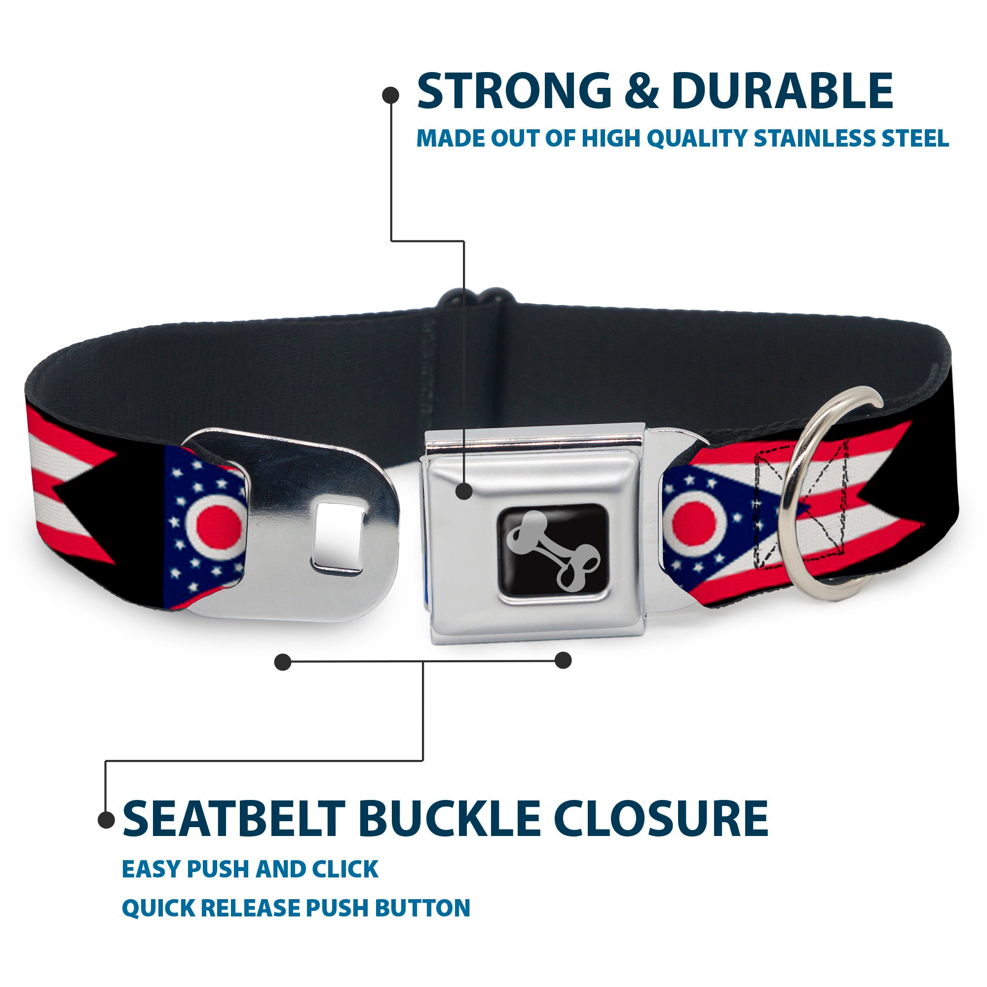 Dog Bone Seatbelt Buckle Collar - Ohio Flag Repeat Black Seatbelt Buckle Collars Buckle-Down