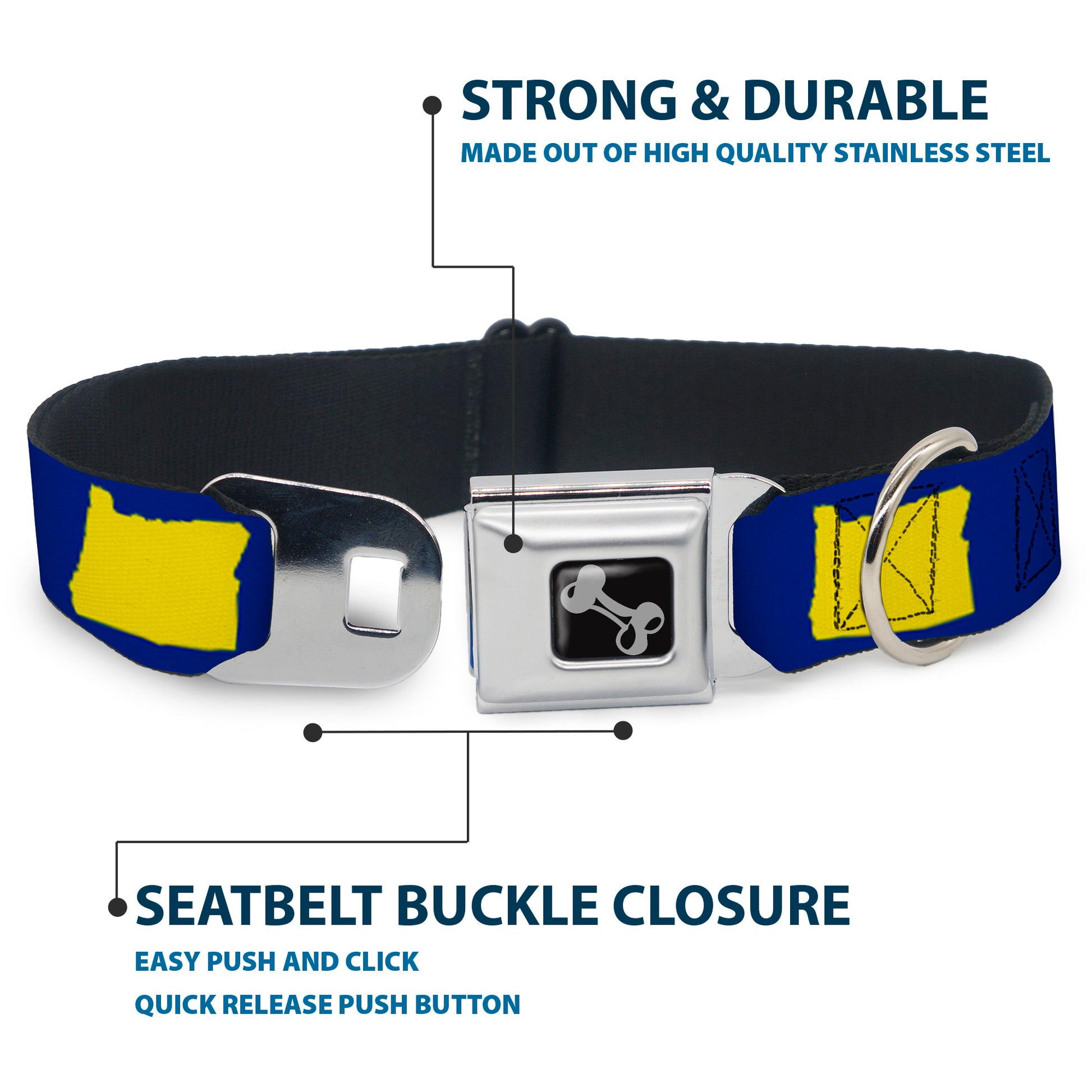 Dog Bone Seatbelt Buckle Collar - Oregon State Silhouette Blue/Yellow Seatbelt Buckle Collars Buckle-Down