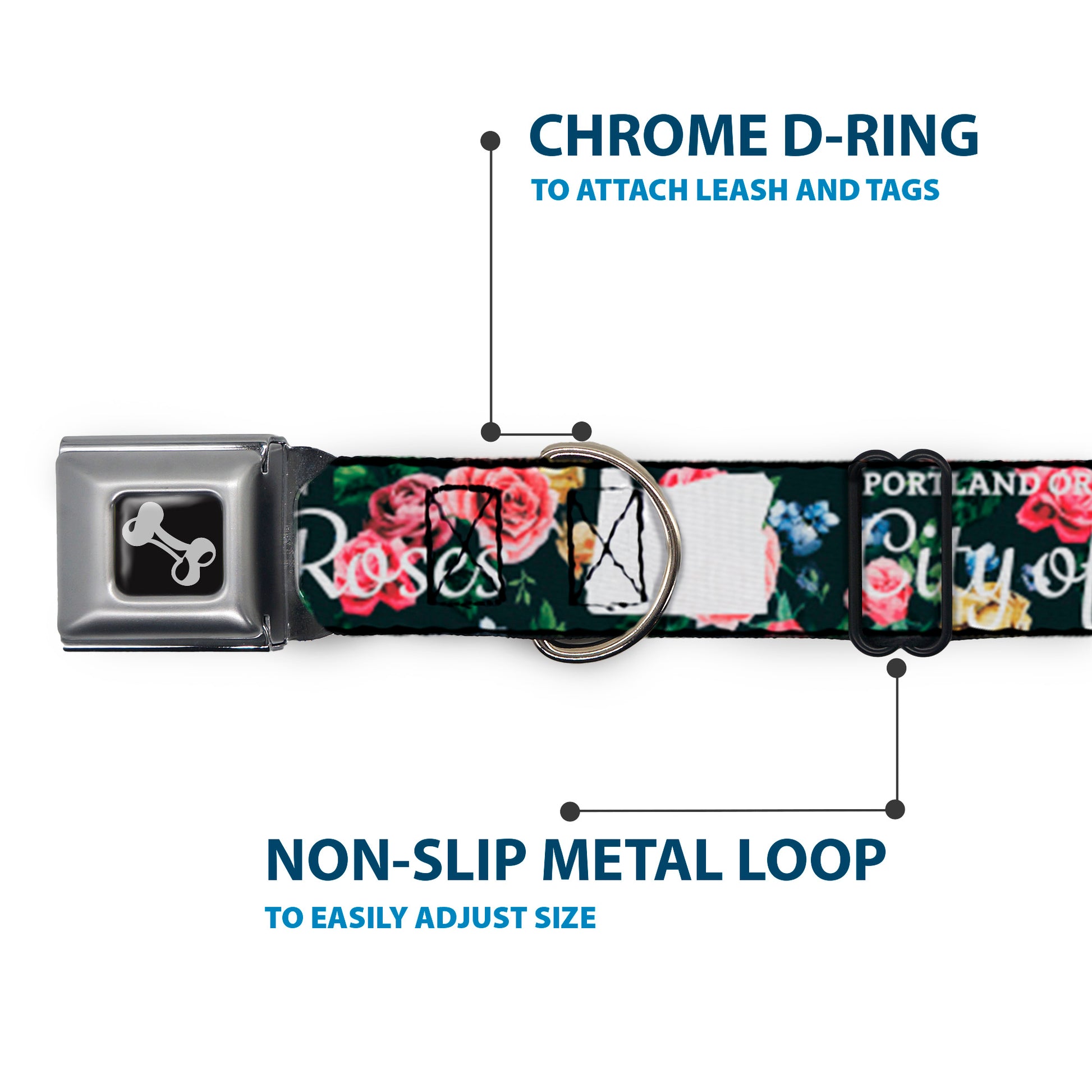 Dog Bone Seatbelt Buckle Collar - Oregon Silhouette/PORTLAND OREGON-CITY OF ROSES Roses/White Seatbelt Buckle Collars Buckle-Down