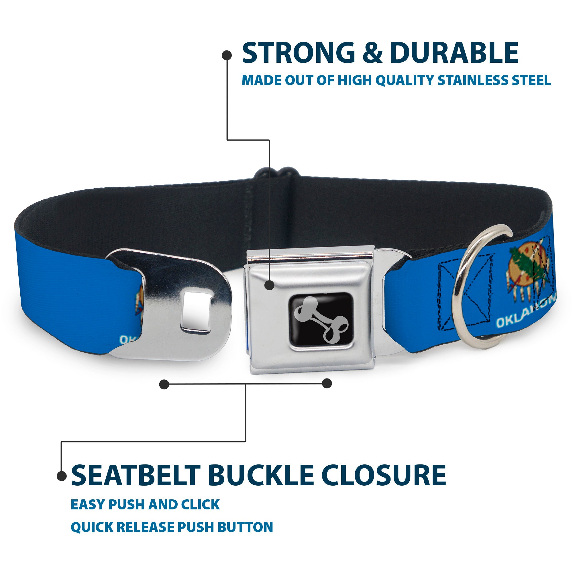 Dog Bone Black/Silver Seatbelt Buckle Collar - Oklahoma State Flag Sky Blue/White Seatbelt Buckle Collars Buckle-Down