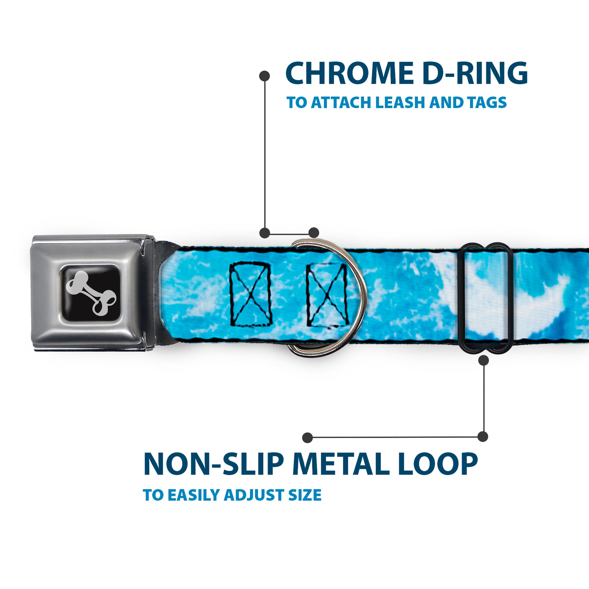 Dog Bone Black/Silver Seatbelt Buckle Collar - Ocean Vivid White Wash Seatbelt Buckle Collars Buckle-Down