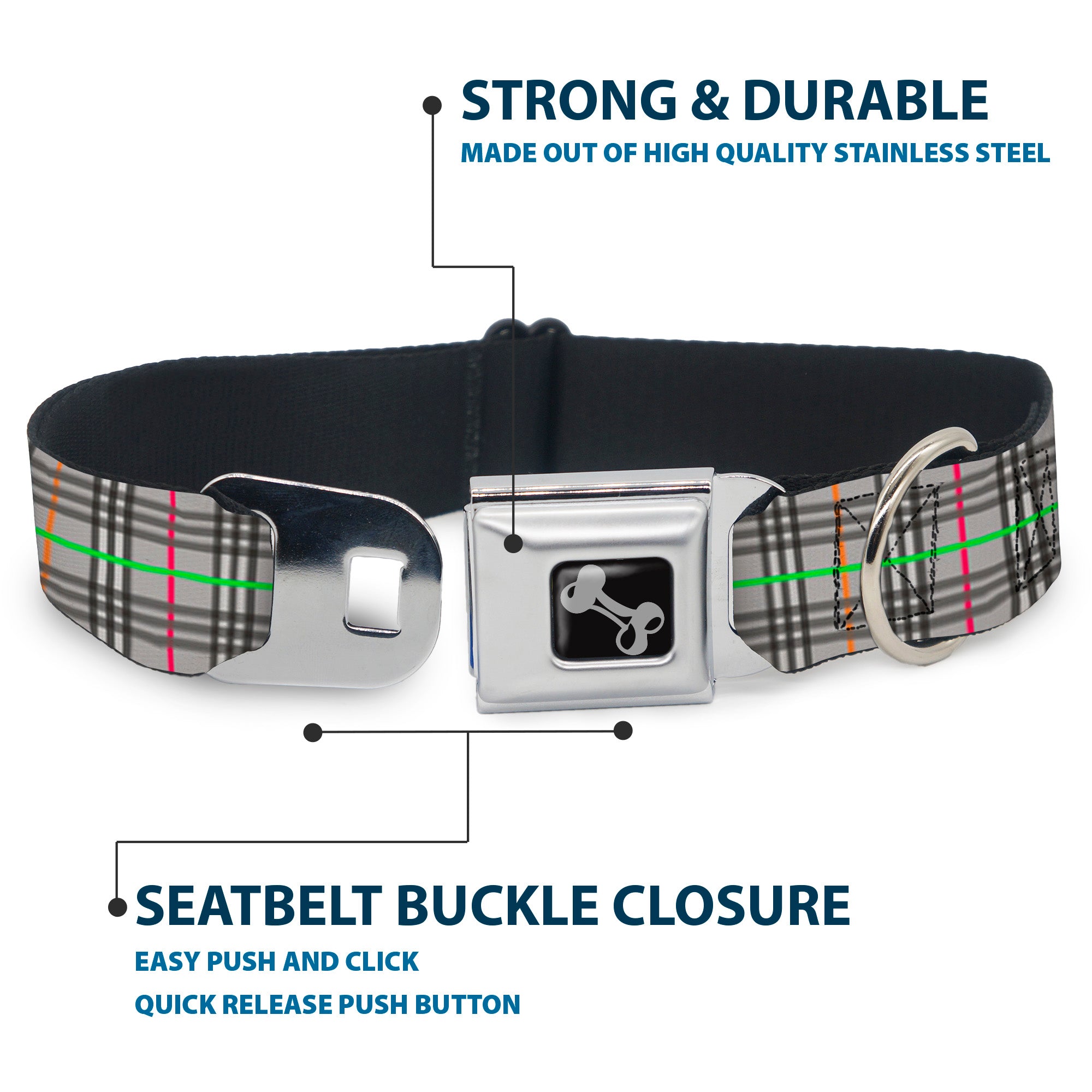 Dog Bone Seatbelt Buckle Collar - Plaid Gray/Multi Neon Seatbelt Buckle Collars Buckle-Down