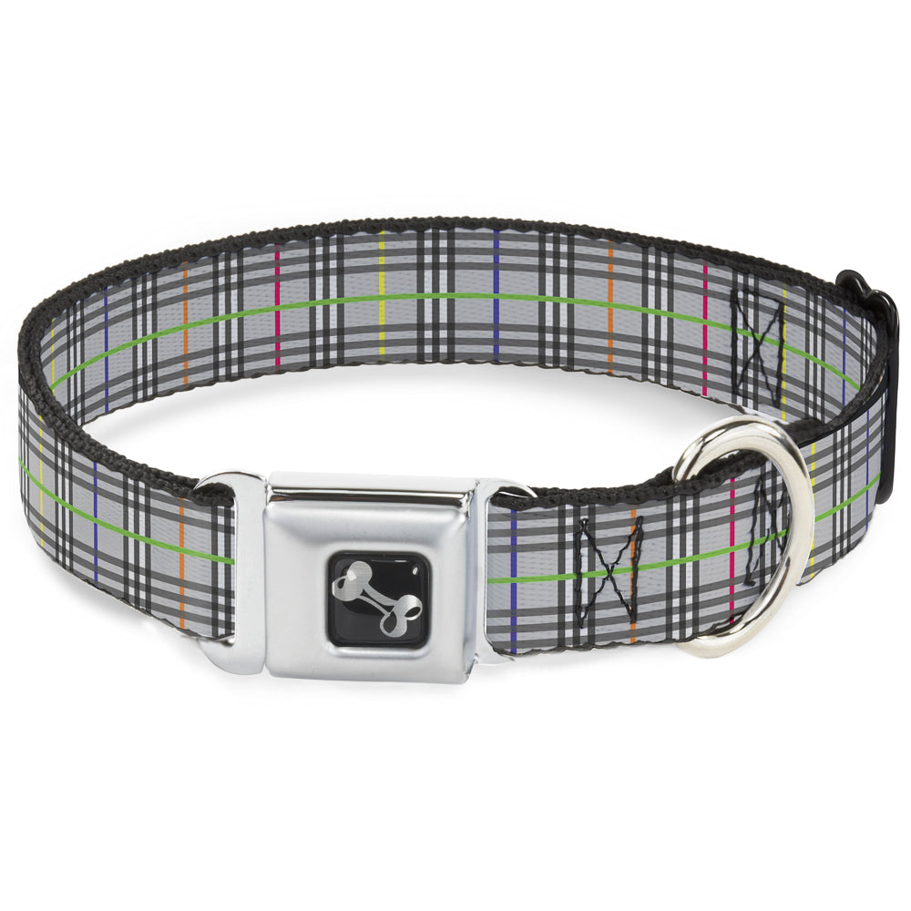 Dog Bone Seatbelt Buckle Collar - Plaid Gray/Multi Neon Seatbelt Buckle Collars Buckle-Down