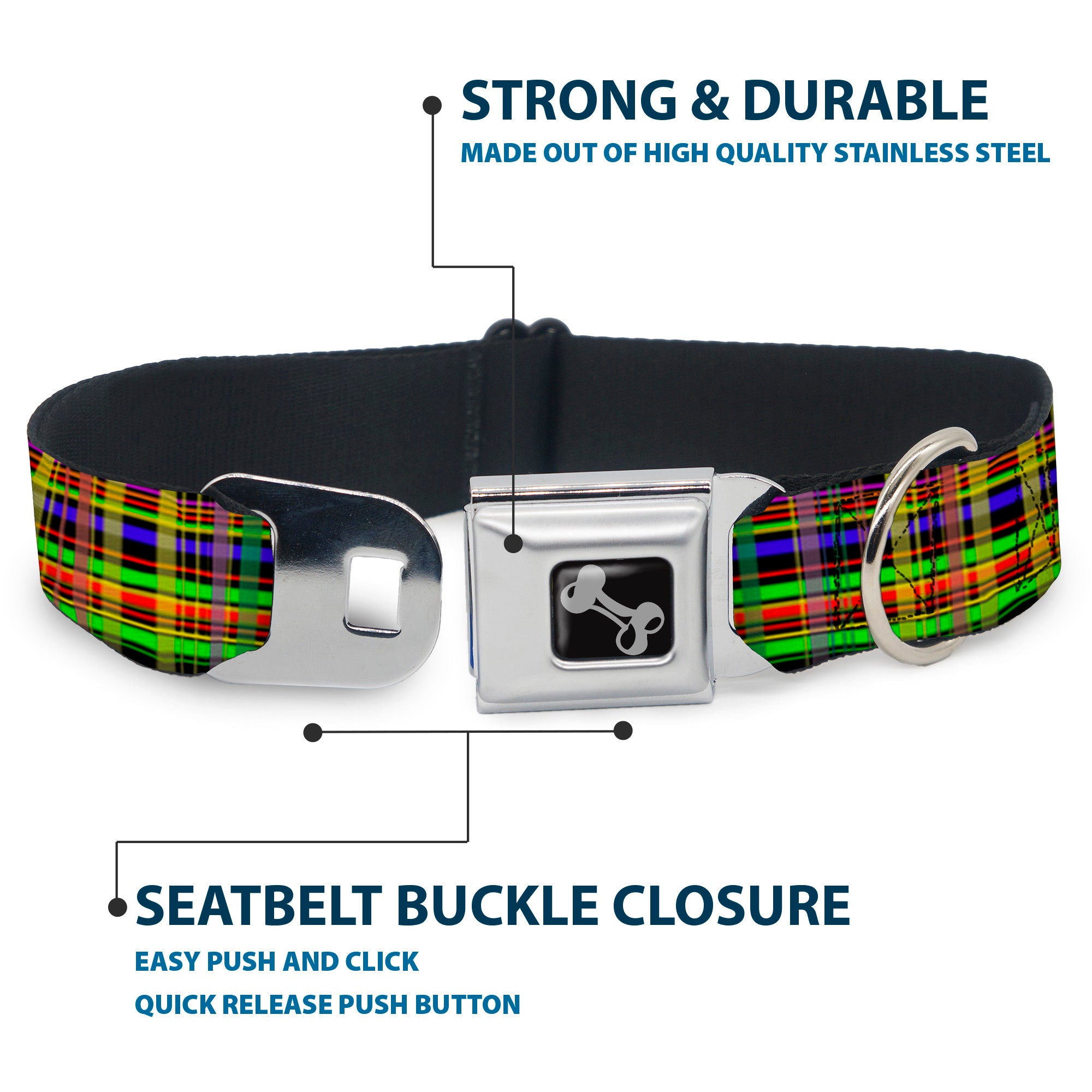 Dog Bone Seatbelt Buckle Collar - Plaid Black/Multi Neon Seatbelt Buckle Collars Buckle-Down