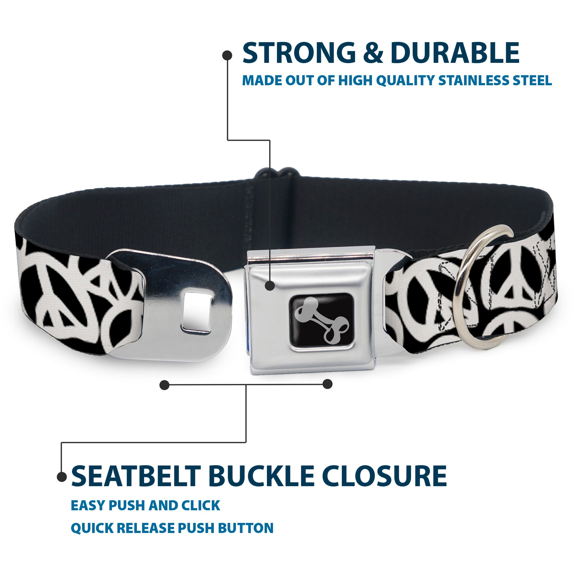Dog Bone Seatbelt Buckle Collar - Peace Black/White Seatbelt Buckle Collars Buckle-Down