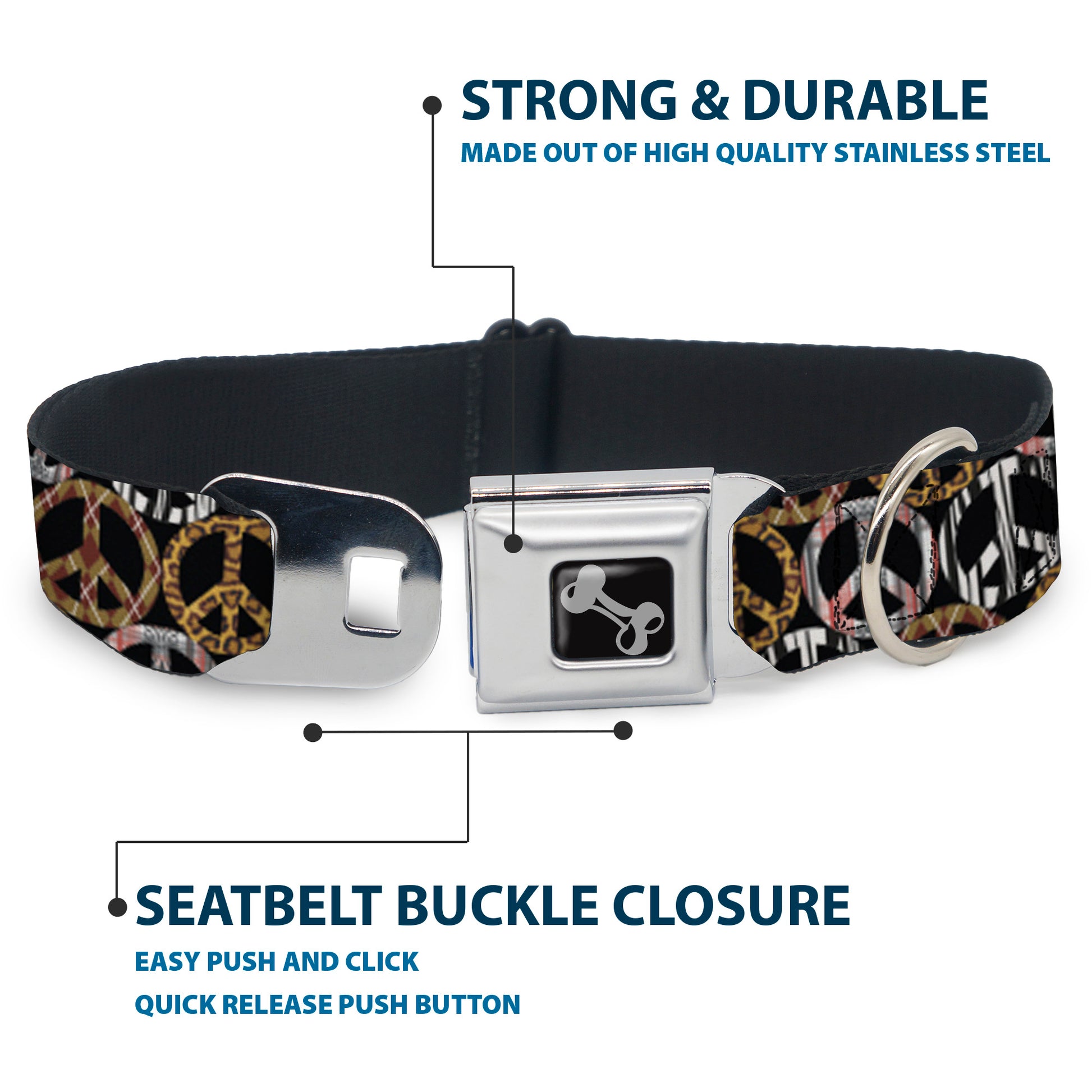 Dog Bone Seatbelt Buckle Collar - Peace Black/Animal Prints Seatbelt Buckle Collars Buckle-Down
