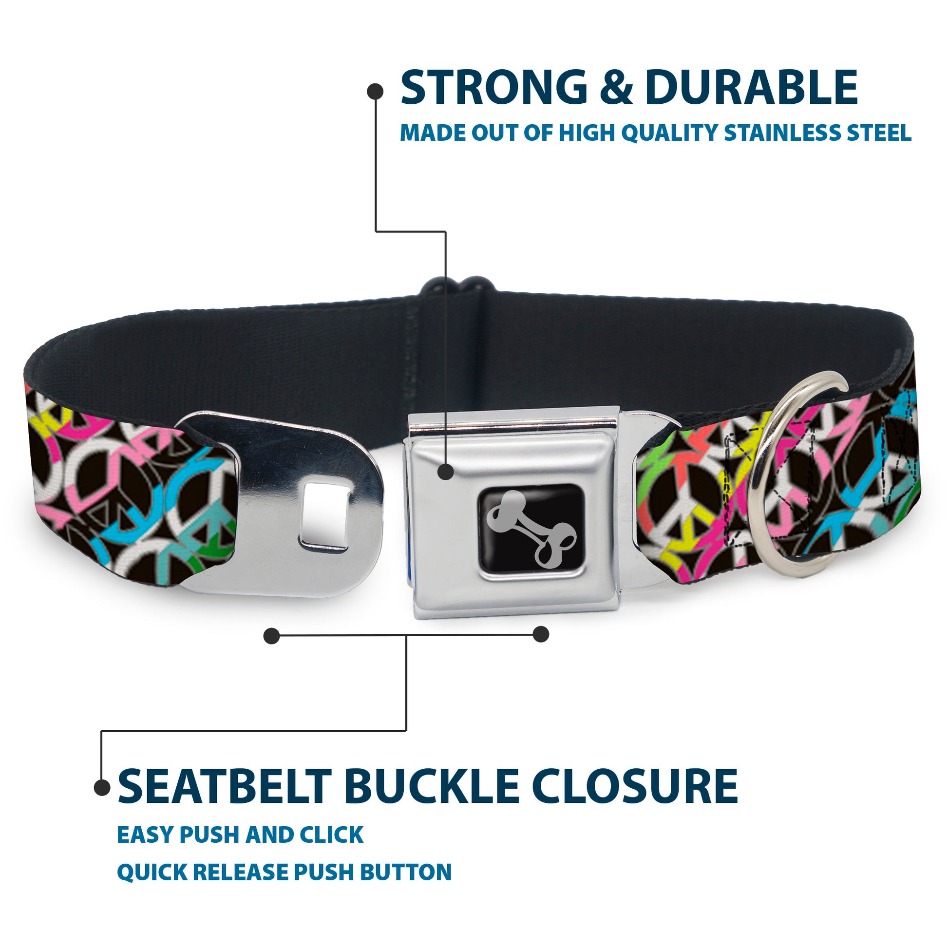 Dog Bone Seatbelt Buckle Collar - Peace Black/Multi Stripes Seatbelt Buckle Collars Buckle-Down