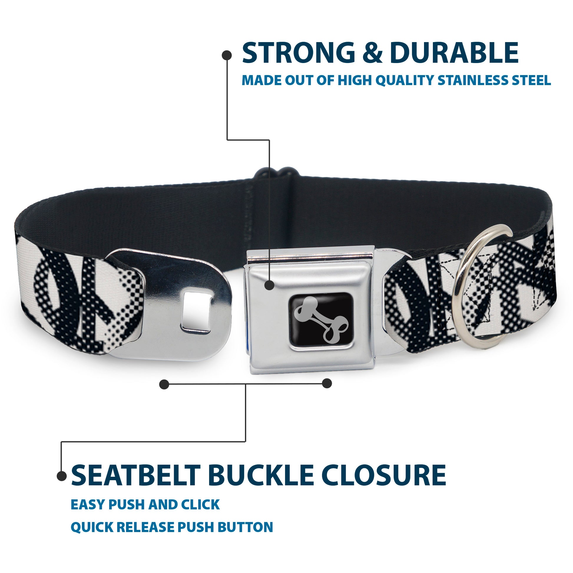Dog Bone Seatbelt Buckle Collar - Peace Dots White/Black Seatbelt Buckle Collars Buckle-Down