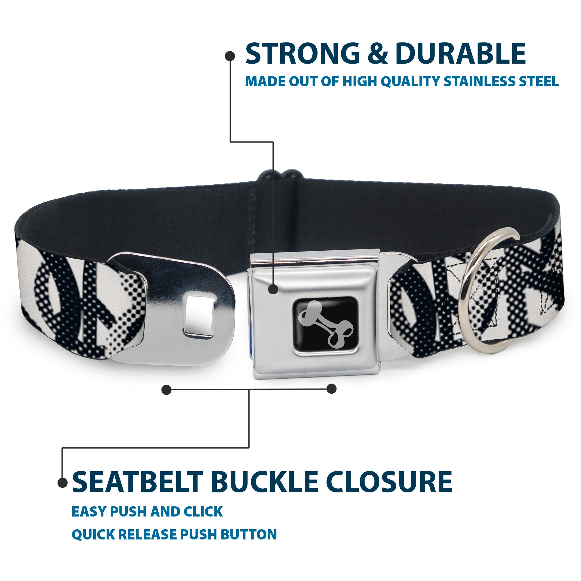 Dog Bone Seatbelt Buckle Collar - Peace Dots White/Black Seatbelt Buckle Collars Buckle-Down