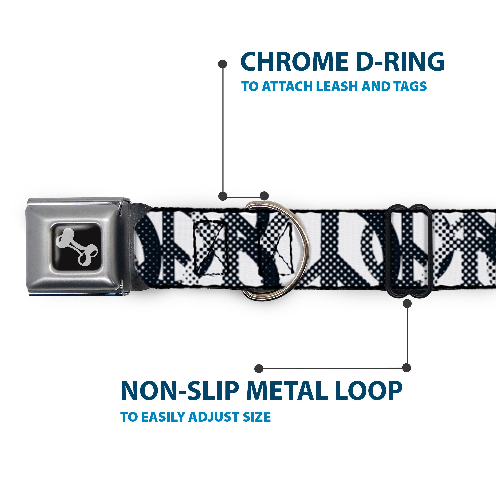 Dog Bone Seatbelt Buckle Collar - Peace Dots White/Black Seatbelt Buckle Collars Buckle-Down