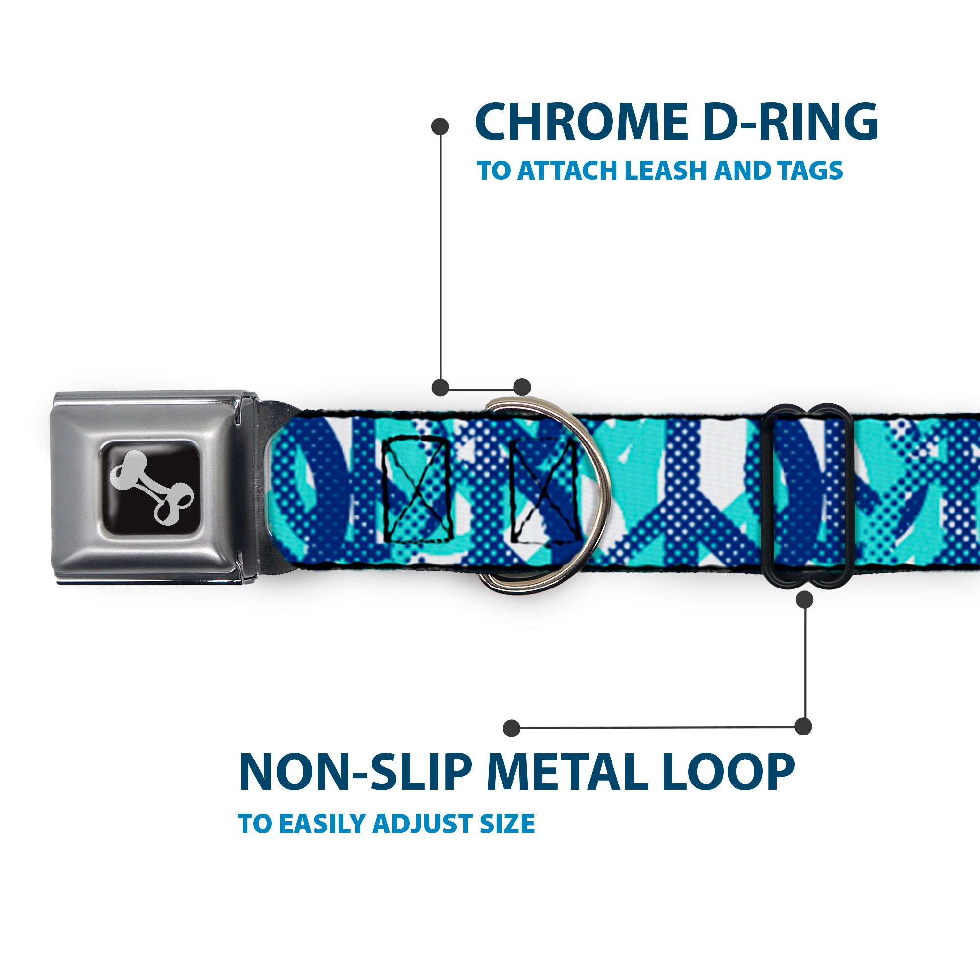 Dog Bone Seatbelt Buckle Collar - Peace Dots White/Blue Seatbelt Buckle Collars Buckle-Down