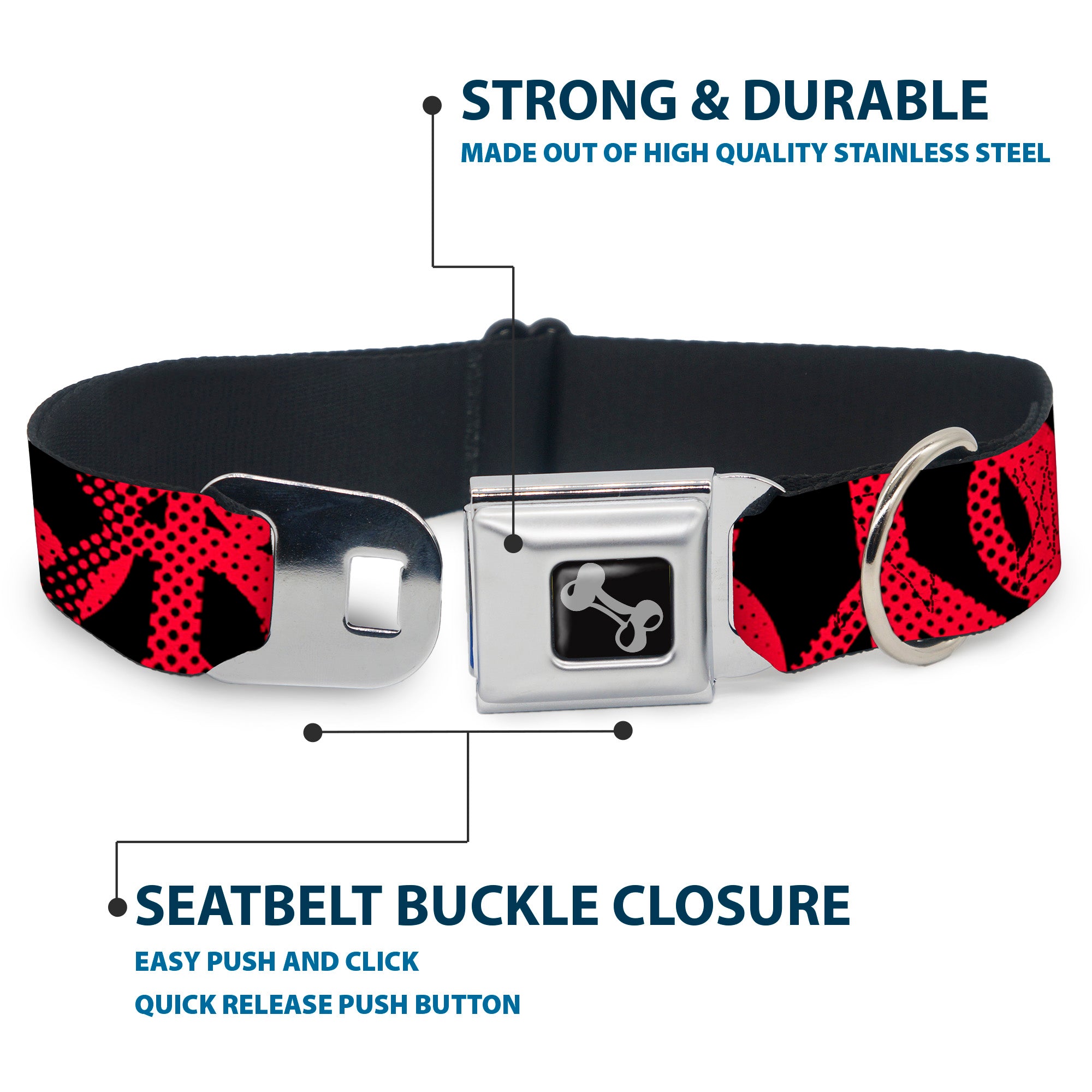 Dog Bone Seatbelt Buckle Collar - Peace Dots Black/Fuchsia Seatbelt Buckle Collars Buckle-Down