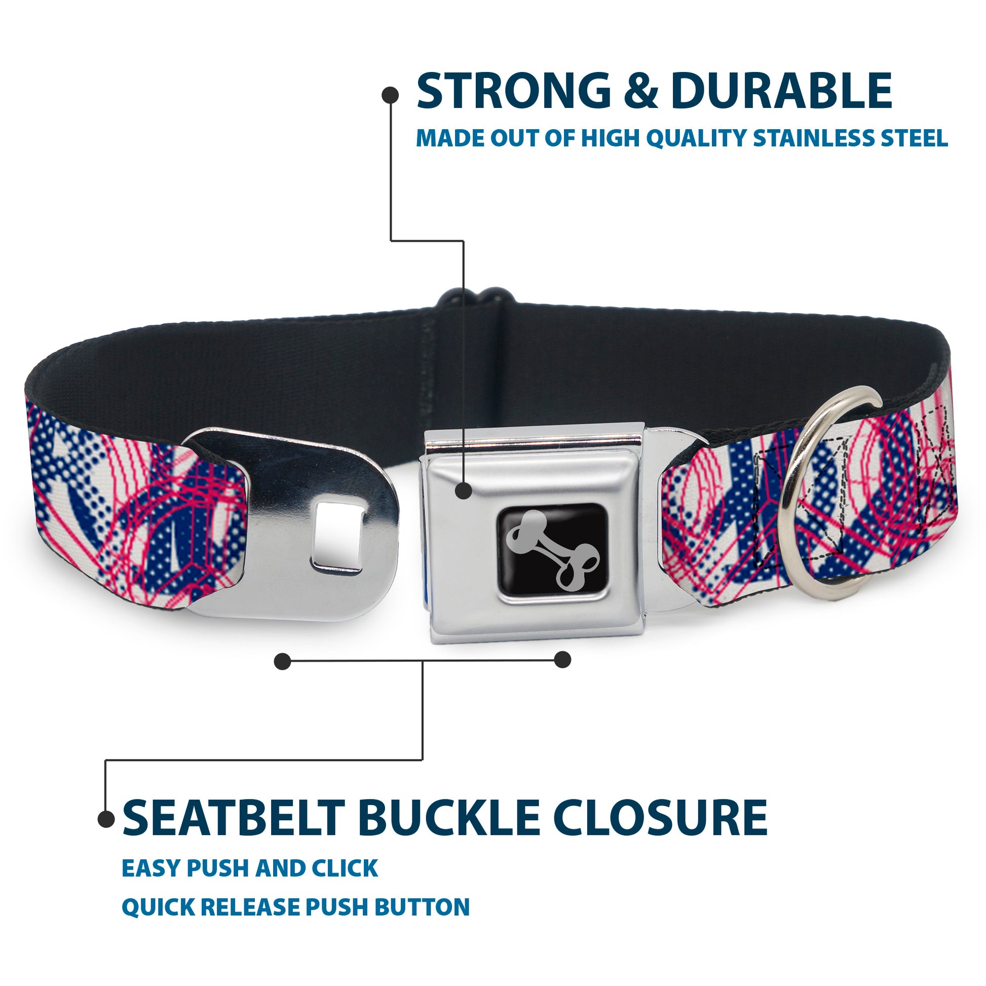 Dog Bone Seatbelt Buckle Collar - Peace Mixed White/Blue/Pink Seatbelt Buckle Collars Buckle-Down