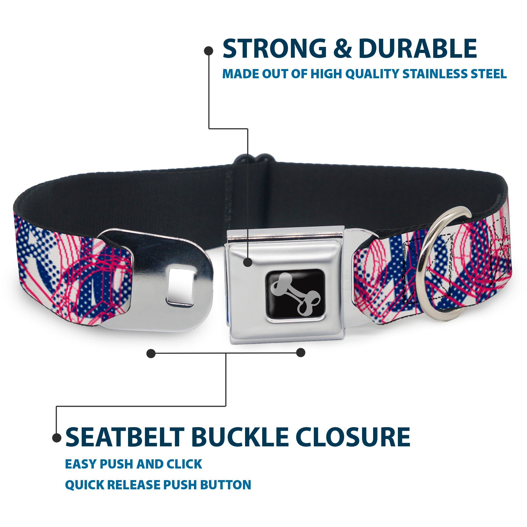 Dog Bone Seatbelt Buckle Collar - Peace Mixed White/Blue/Pink Seatbelt Buckle Collars Buckle-Down