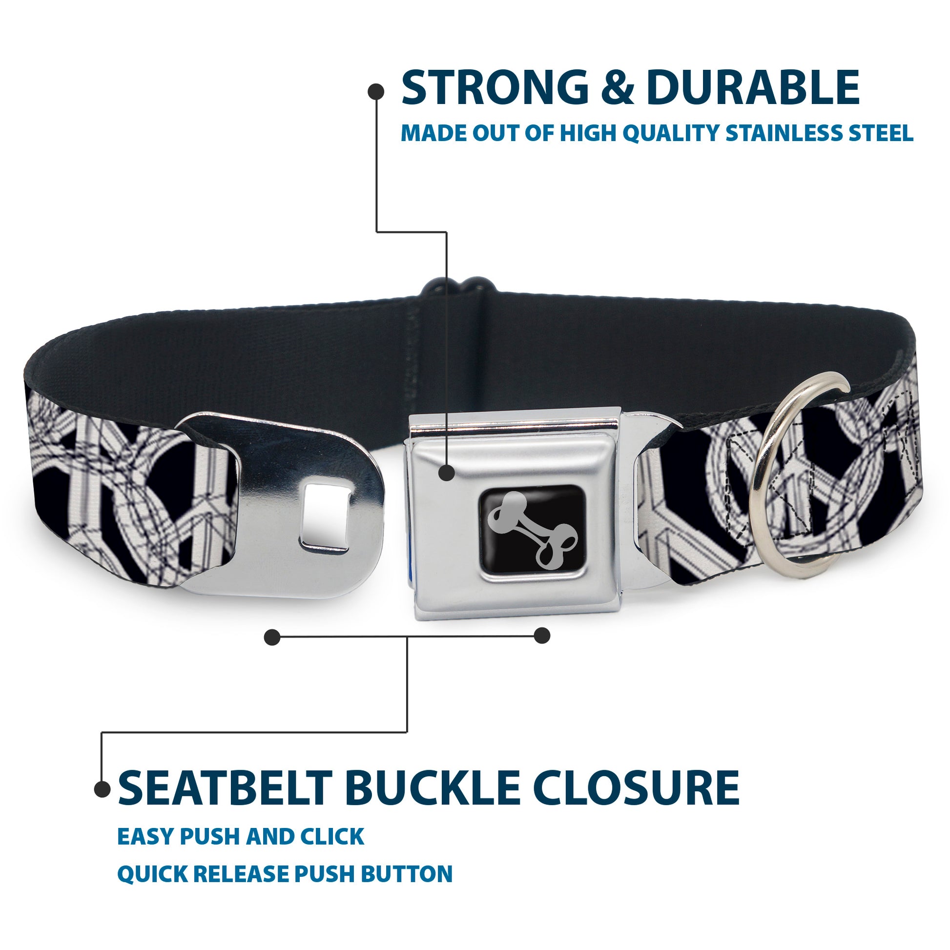 Dog Bone Seatbelt Buckle Collar - Peace Sketch Black/White Seatbelt Buckle Collars Buckle-Down