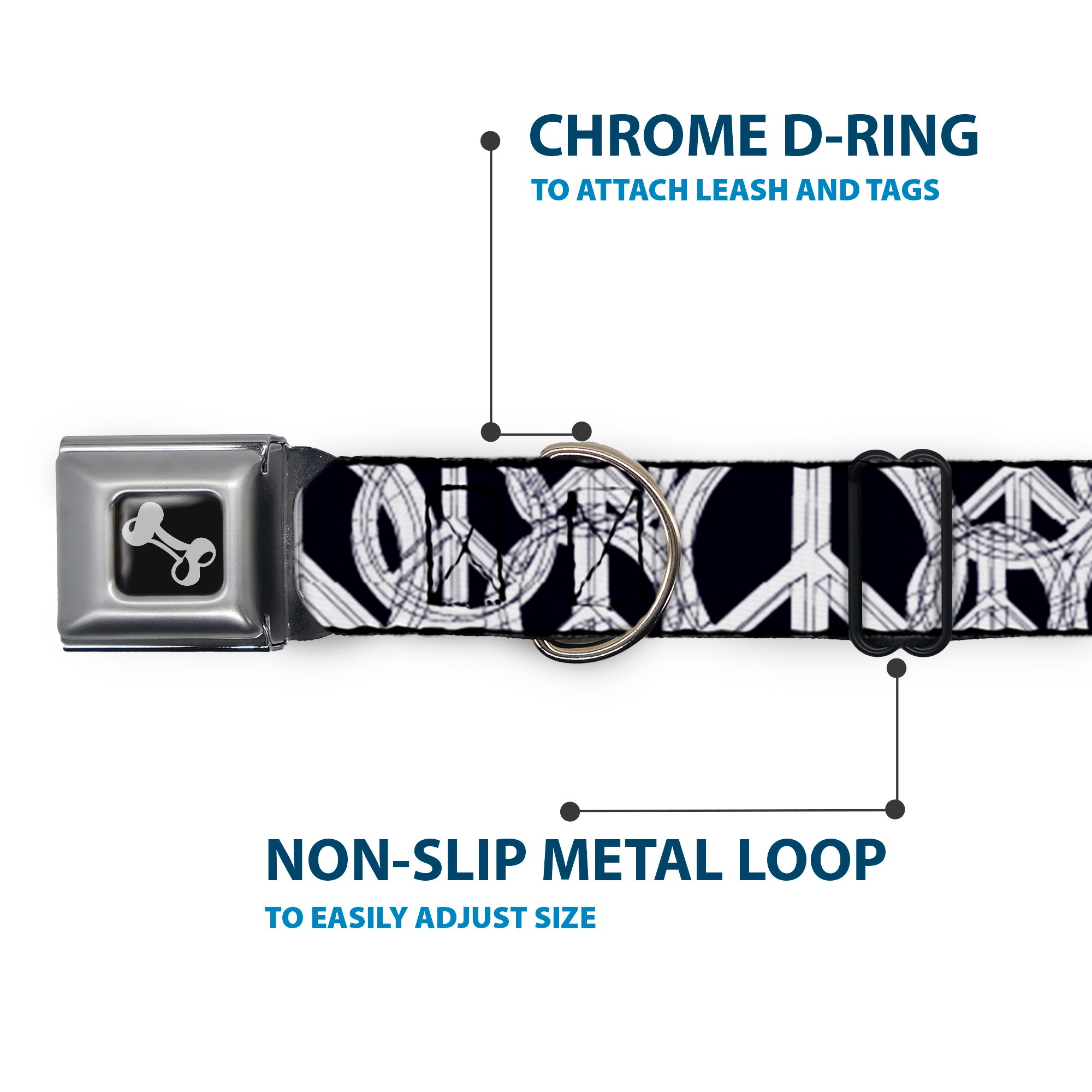 Dog Bone Seatbelt Buckle Collar - Peace Sketch Black/White Seatbelt Buckle Collars Buckle-Down