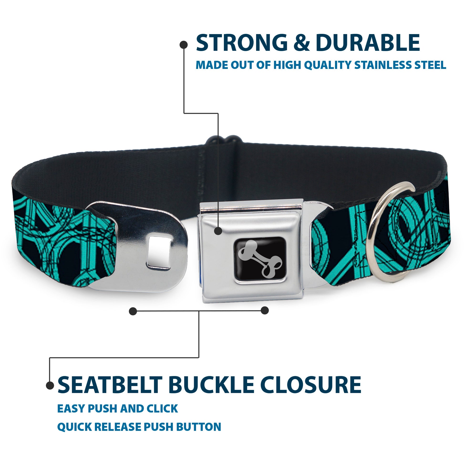 Dog Bone Seatbelt Buckle Collar - Peace Sketch Black/Baby Blue Seatbelt Buckle Collars Buckle-Down