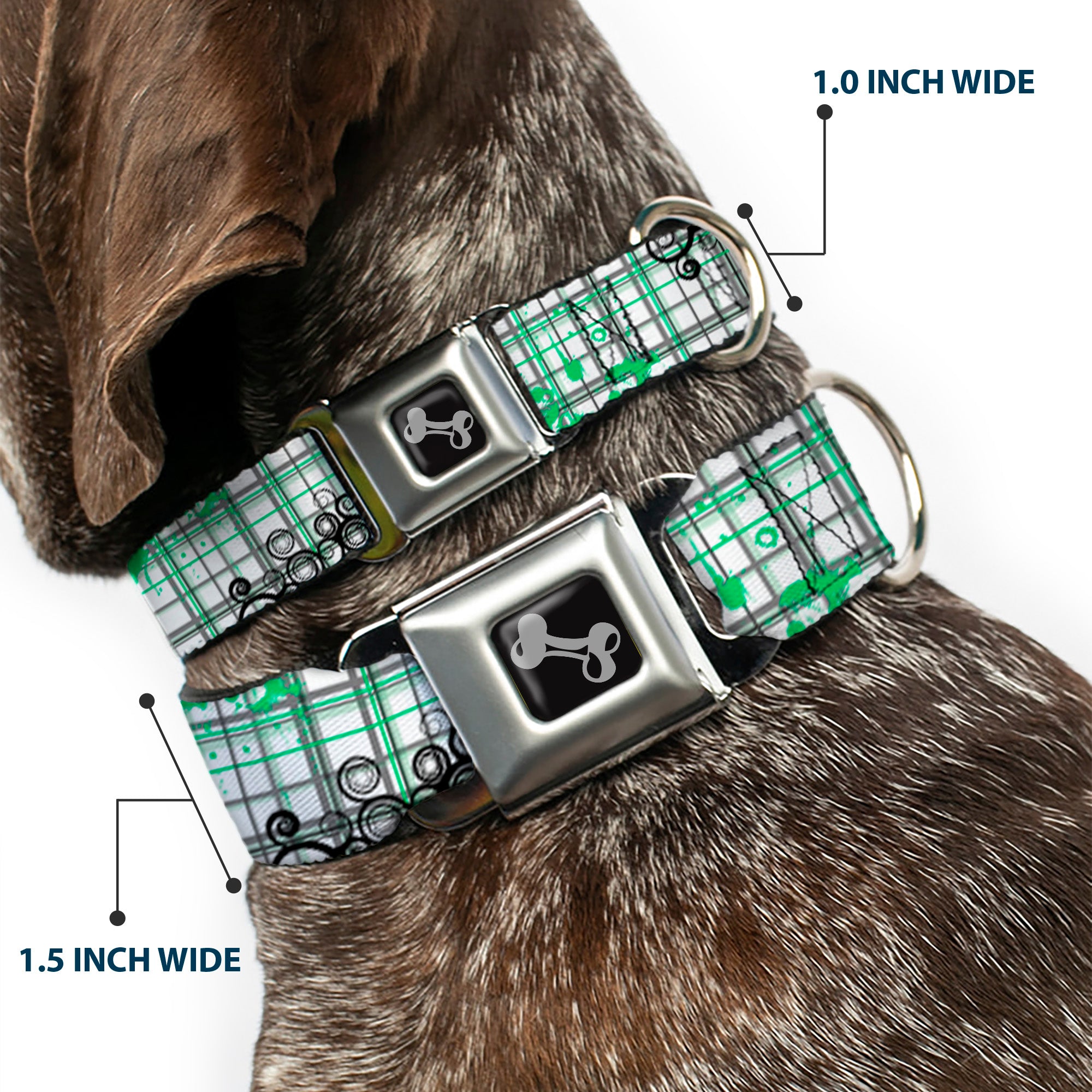 Dog Bone Seatbelt Buckle Collar - Plaid Curls White/Black/Gray/Green Seatbelt Buckle Collars Buckle-Down