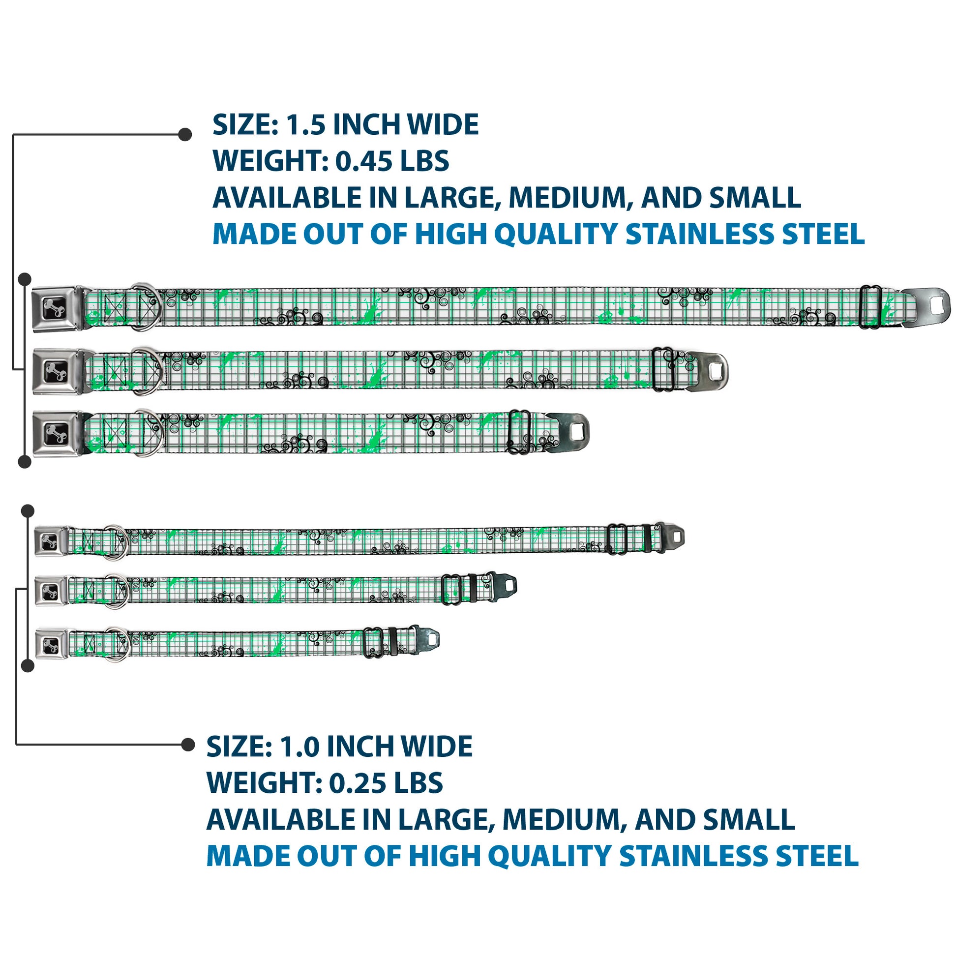 Dog Bone Seatbelt Buckle Collar - Plaid Curls White/Black/Gray/Green Seatbelt Buckle Collars Buckle-Down