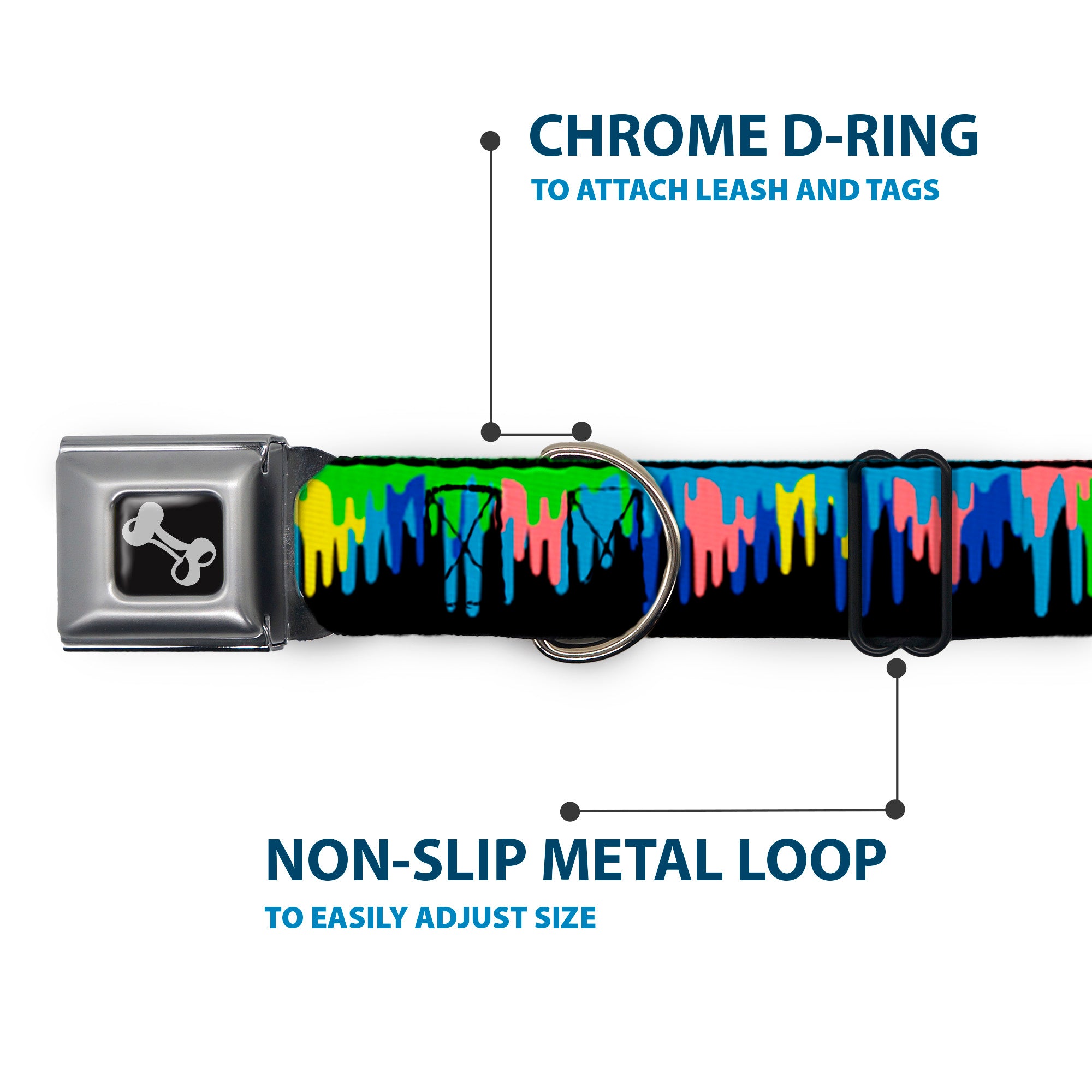 Dog Bone Seatbelt Buckle Collar - Paint Drips Black/Multi Neon Seatbelt Buckle Collars Buckle-Down