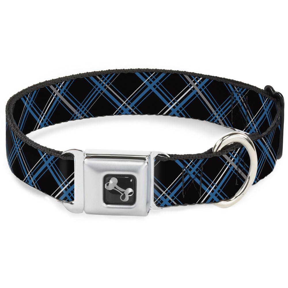 Dog Bone Seatbelt Buckle Collar - Plaid Black/Turquoise/Gray Seatbelt Buckle Collars Buckle-Down