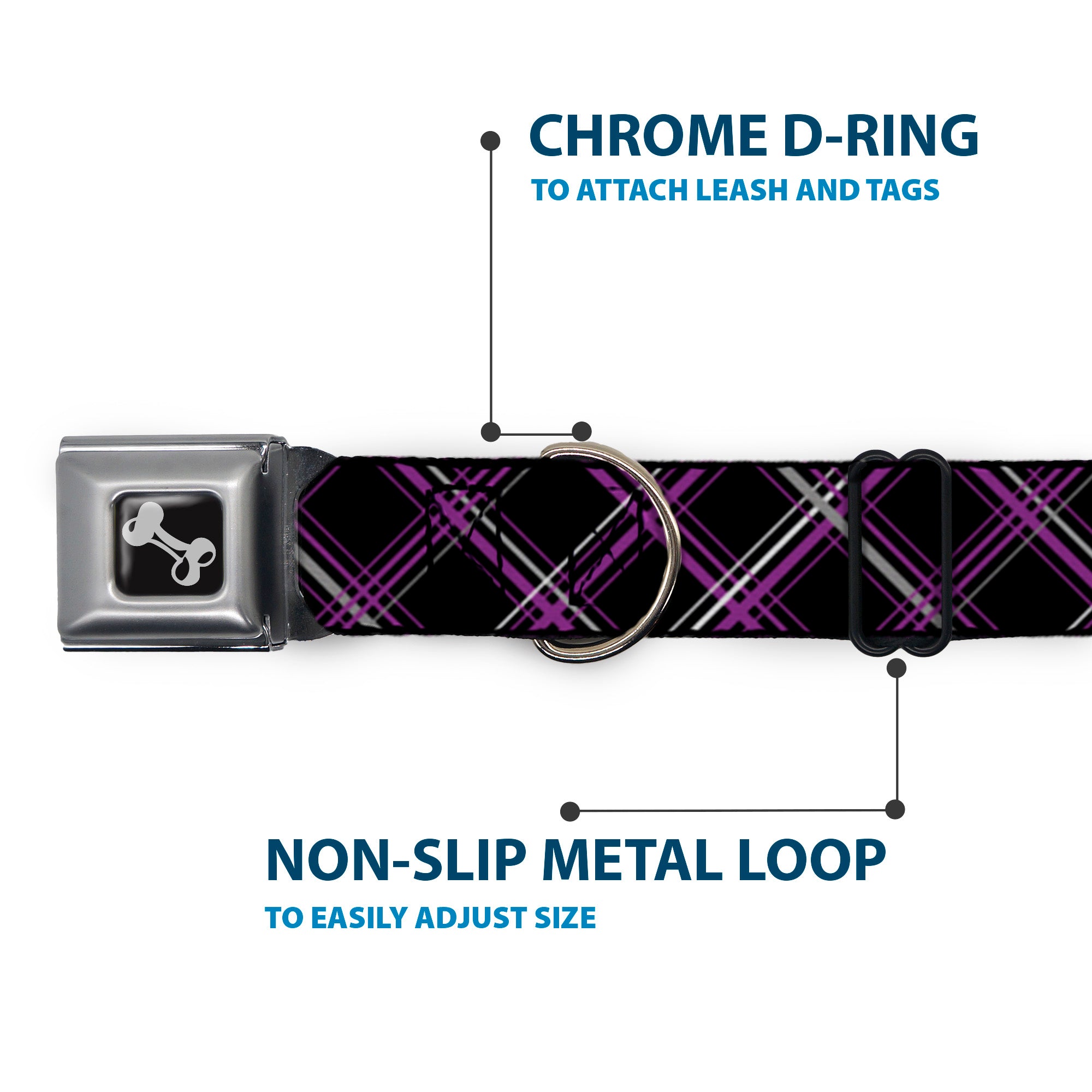 Dog Bone Seatbelt Buckle Collar - Plaid Black/Purple/Gray Seatbelt Buckle Collars Buckle-Down
