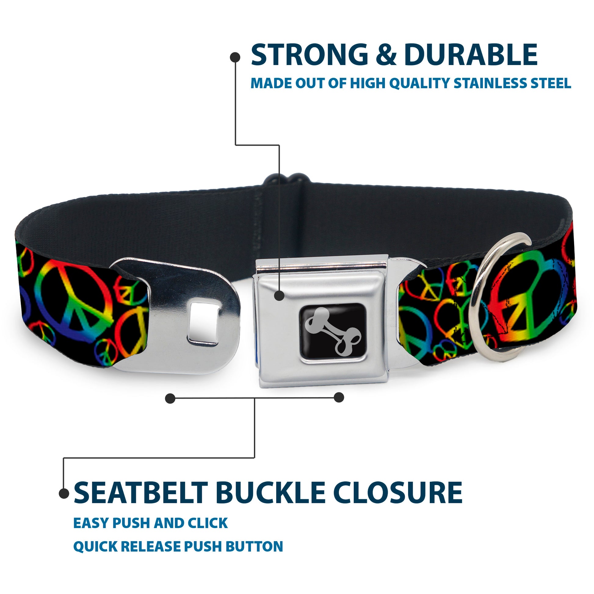 Dog Bone Seatbelt Buckle Collar - Peace Heart Black/Rainbow Ombre Seatbelt Buckle Collars Buckle-Down