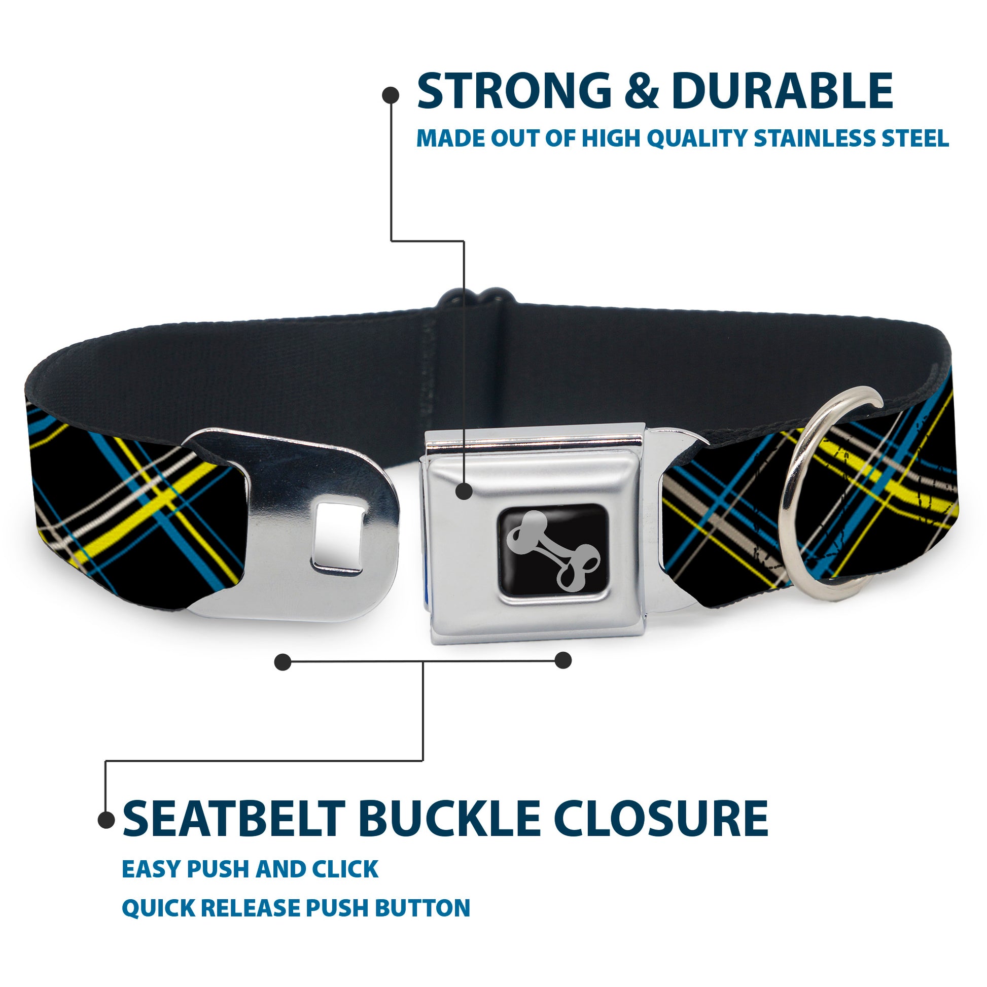 Dog Bone Seatbelt Buckle Collar - Plaid Black/Yellow/Turquoise/Gray Seatbelt Buckle Collars Buckle-Down