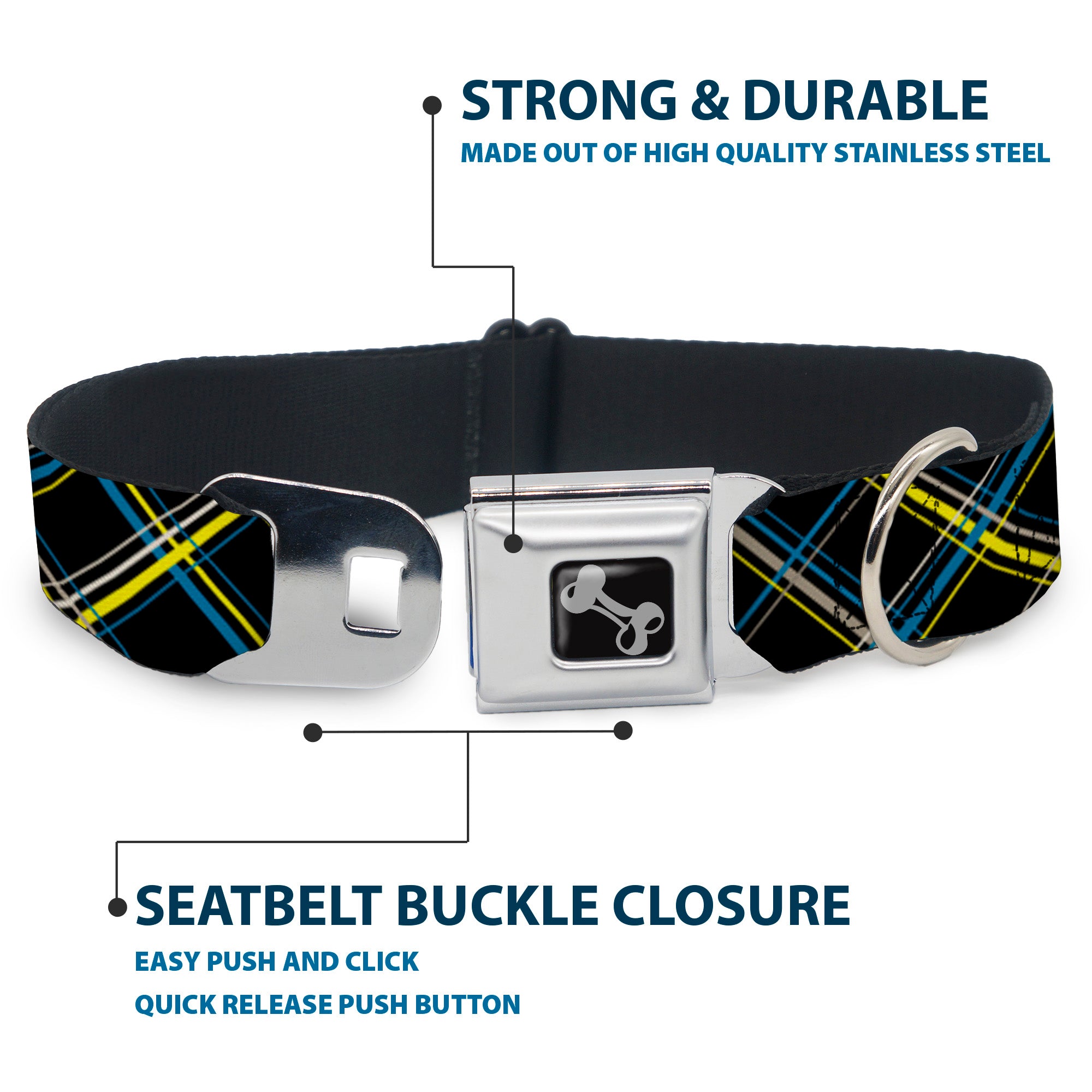 Dog Bone Seatbelt Buckle Collar - Plaid Black/Yellow/Turquoise/Gray Seatbelt Buckle Collars Buckle-Down