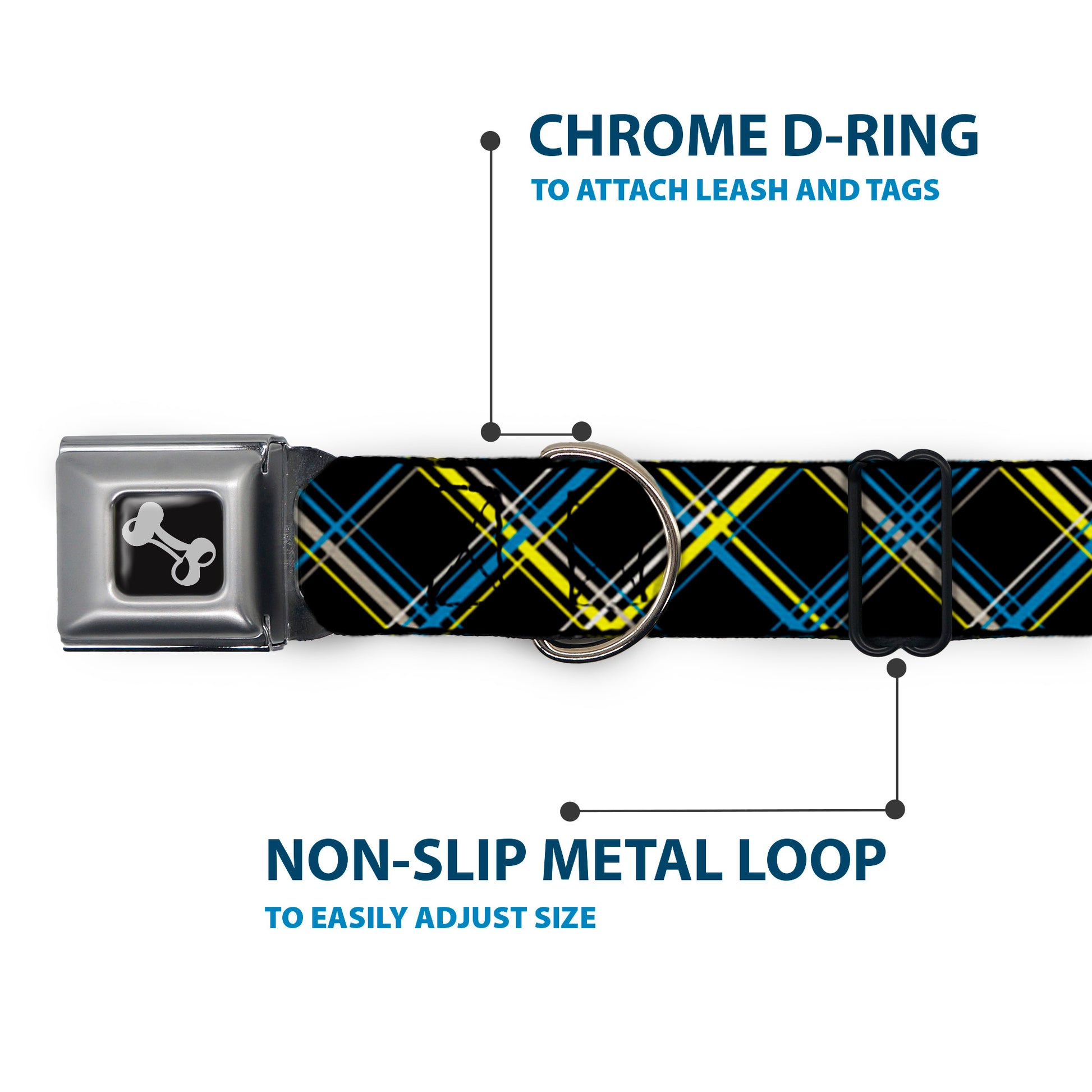 Dog Bone Seatbelt Buckle Collar - Plaid Black/Yellow/Turquoise/Gray Seatbelt Buckle Collars Buckle-Down