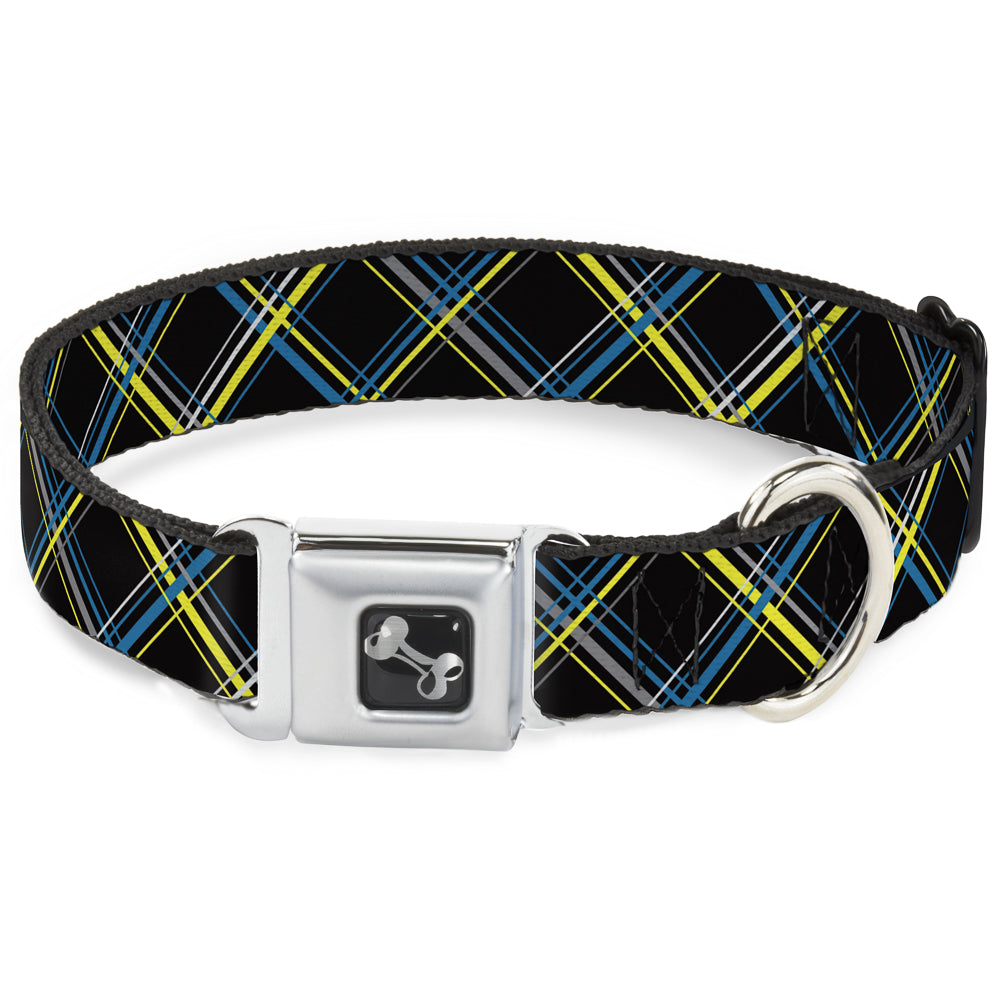 Dog Bone Seatbelt Buckle Collar - Plaid Black/Yellow/Turquoise/Gray Seatbelt Buckle Collars Buckle-Down