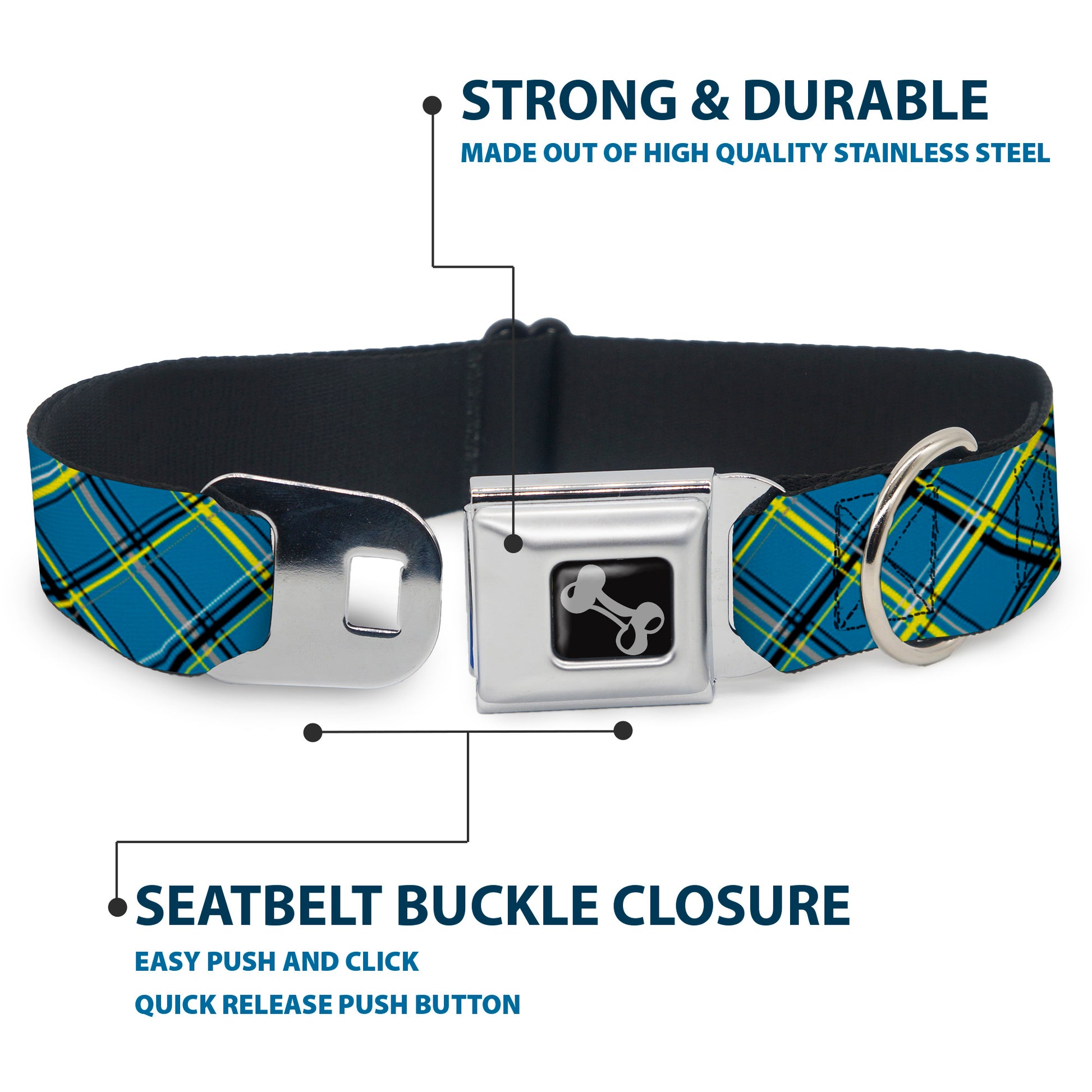 Dog Bone Seatbelt Buckle Collar - Plaid Turquoise/Yellow/Black/Gray Seatbelt Buckle Collars Buckle-Down