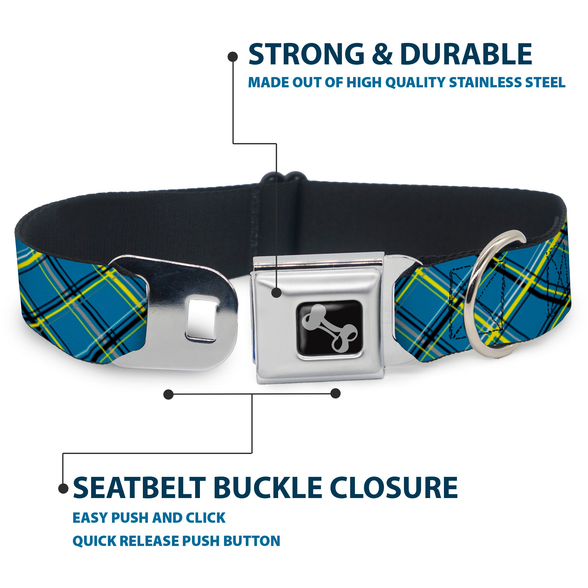 Dog Bone Seatbelt Buckle Collar - Plaid Turquoise/Yellow/Black/Gray Seatbelt Buckle Collars Buckle-Down