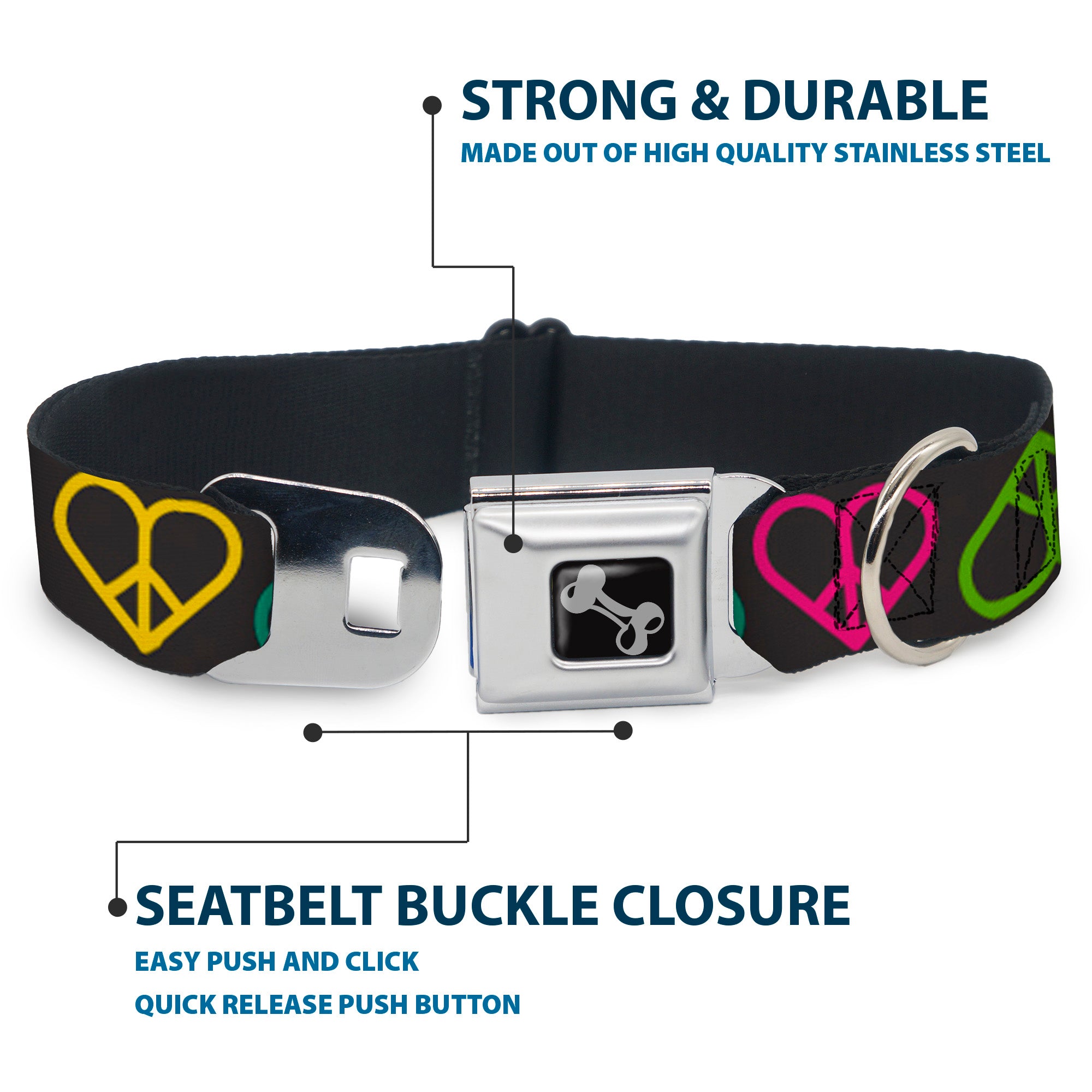 Dog Bone Seatbelt Buckle Collar - Peace Hearts Repeat Black/Neon Seatbelt Buckle Collars Buckle-Down