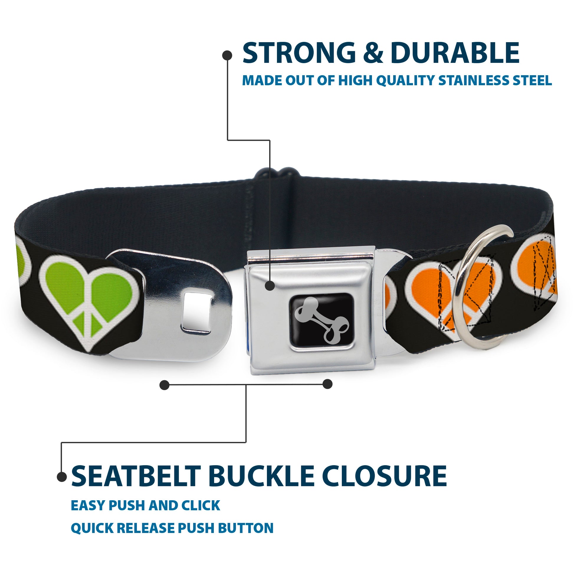 Dog Bone Seatbelt Buckle Collar - Peace Hearts Repeat Fill Black/Rainbow Seatbelt Buckle Collars Buckle-Down