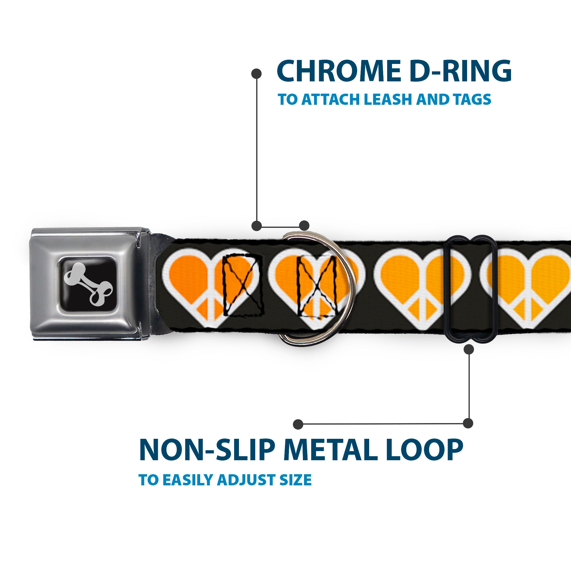 Dog Bone Seatbelt Buckle Collar - Peace Hearts Repeat Fill Black/Rainbow Seatbelt Buckle Collars Buckle-Down